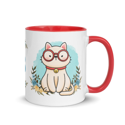Monogramed Coffee Mug 11oz | Cute Cat Wearing Glasses Floral Themed