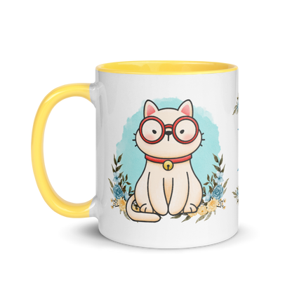 Monogramed Coffee Mug 11oz | Cute Cat Wearing Glasses Floral Themed
