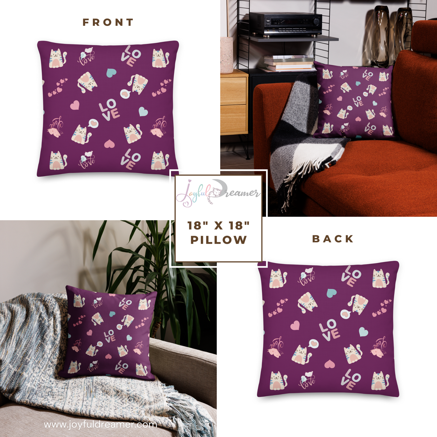 Premium Pillow | 18″×18″, 20″×12″, 22″×22″ | Adorable Cat Love Themed