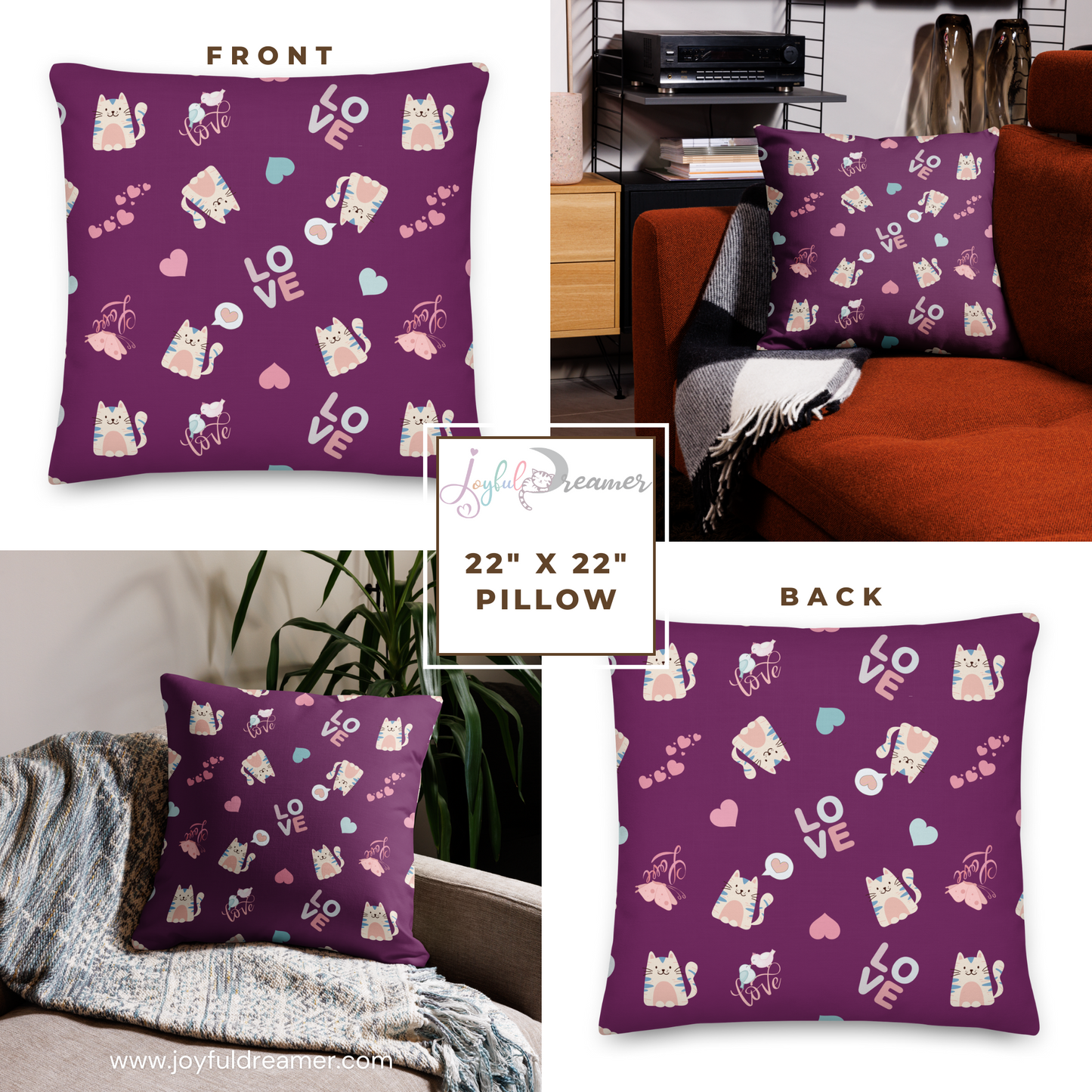 Premium Pillow | 18″×18″, 20″×12″, 22″×22″ | Adorable Cat Love Themed