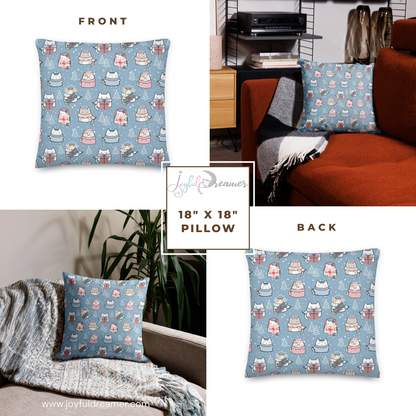 Premium Pillow | 18″×18″, 20″×12″, 22″×22″ | Blue Cute Cat Winter Themed