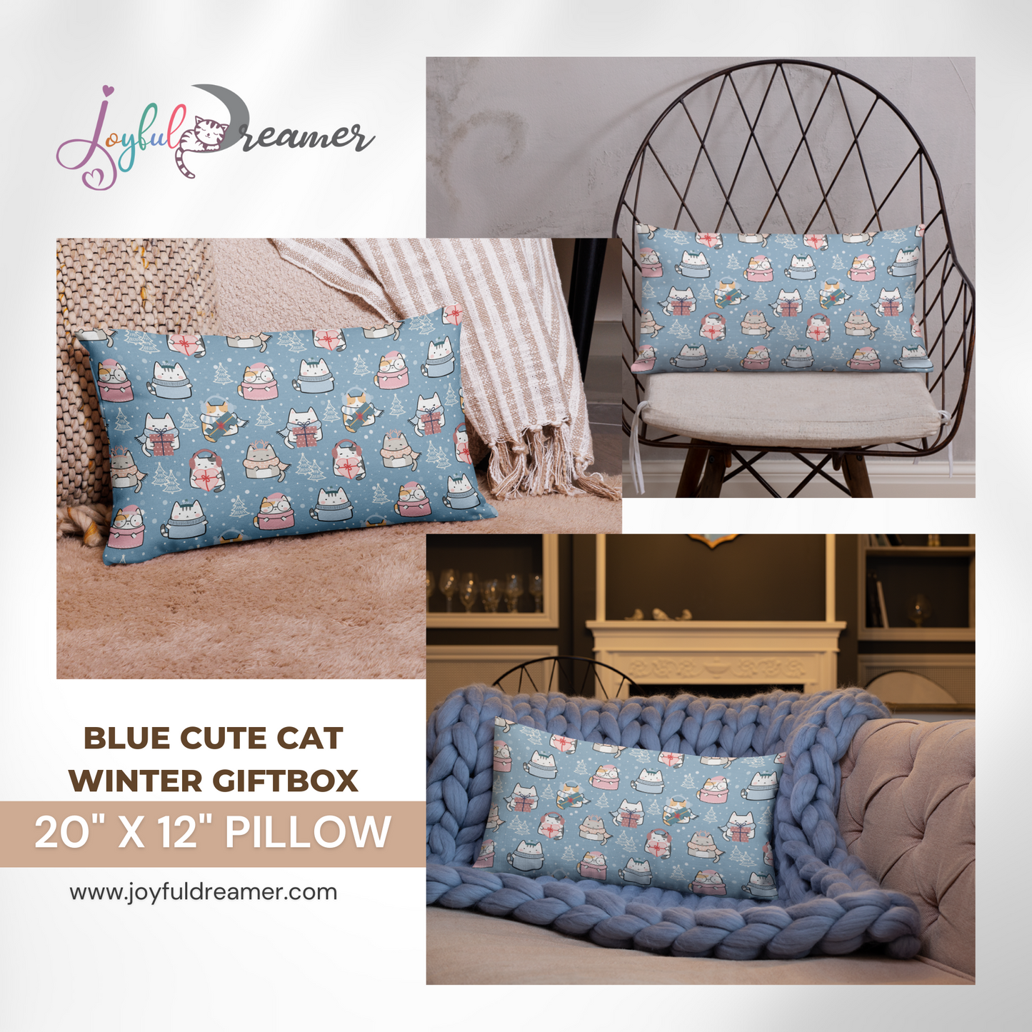 Premium Pillow | 18″×18″, 20″×12″, 22″×22″ | Blue Cute Cat Winter Themed