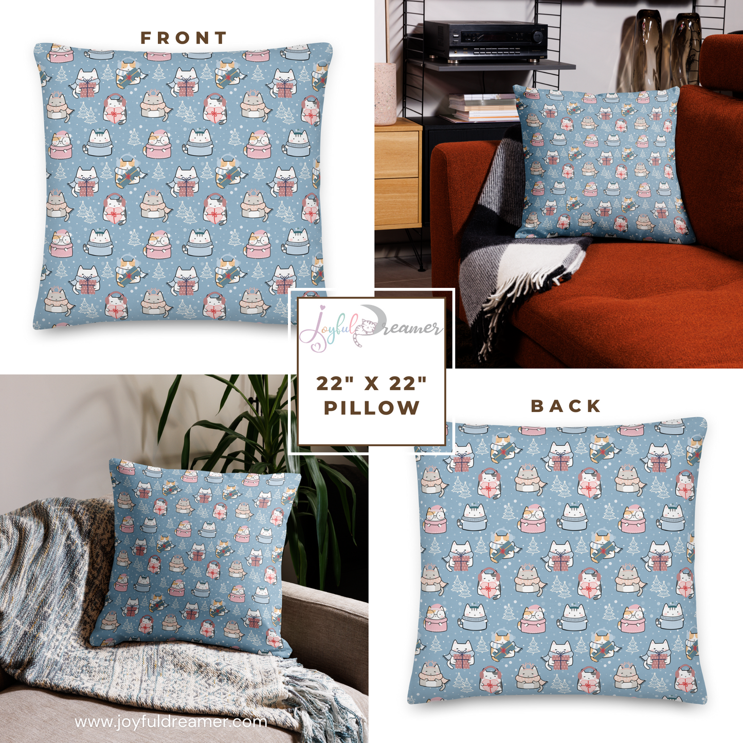 Premium Pillow | 18″×18″, 20″×12″, 22″×22″ | Blue Cute Cat Winter Themed