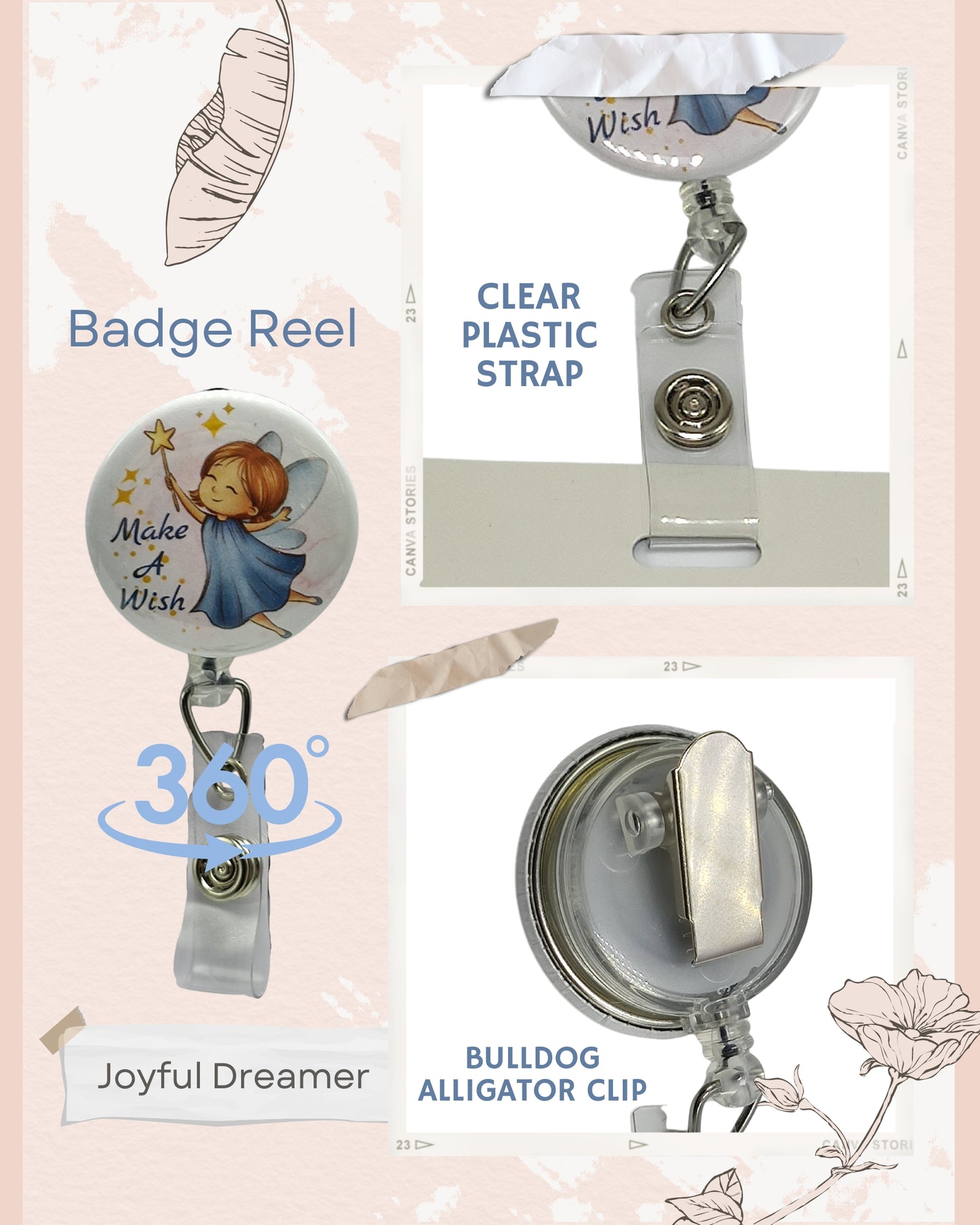 Retractable Badge Reel ID Name Holder with Bulldog Alligator Clip | Angel Fairy