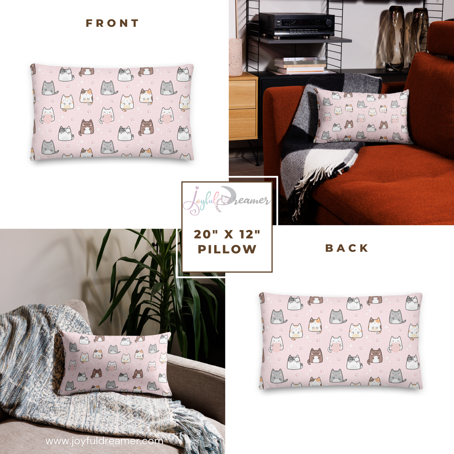 Premium Pillow | 18″×18″, 20″×12″, 22″×22″ | Cat Heart Pink Background