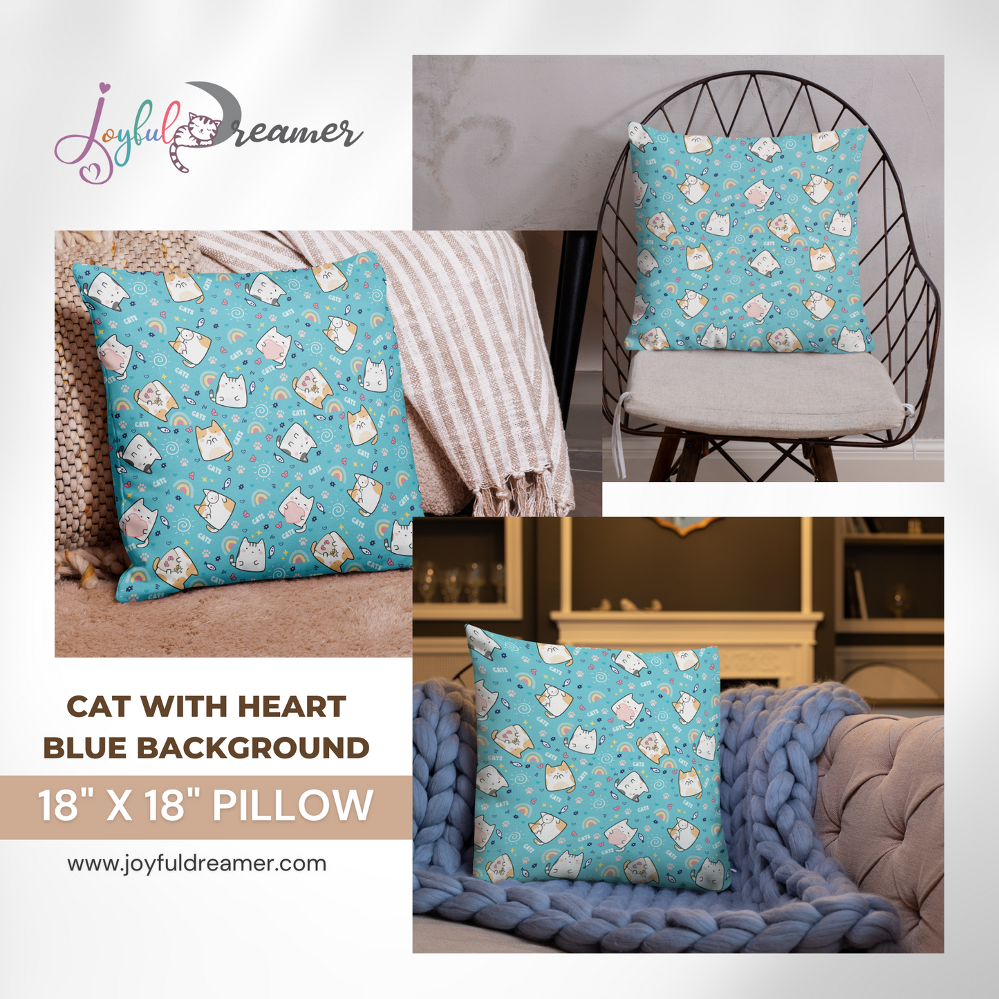 Premium Pillow | 18″×18″, 20″×12″, 22″×22″ | Cat with Heart Blue Background