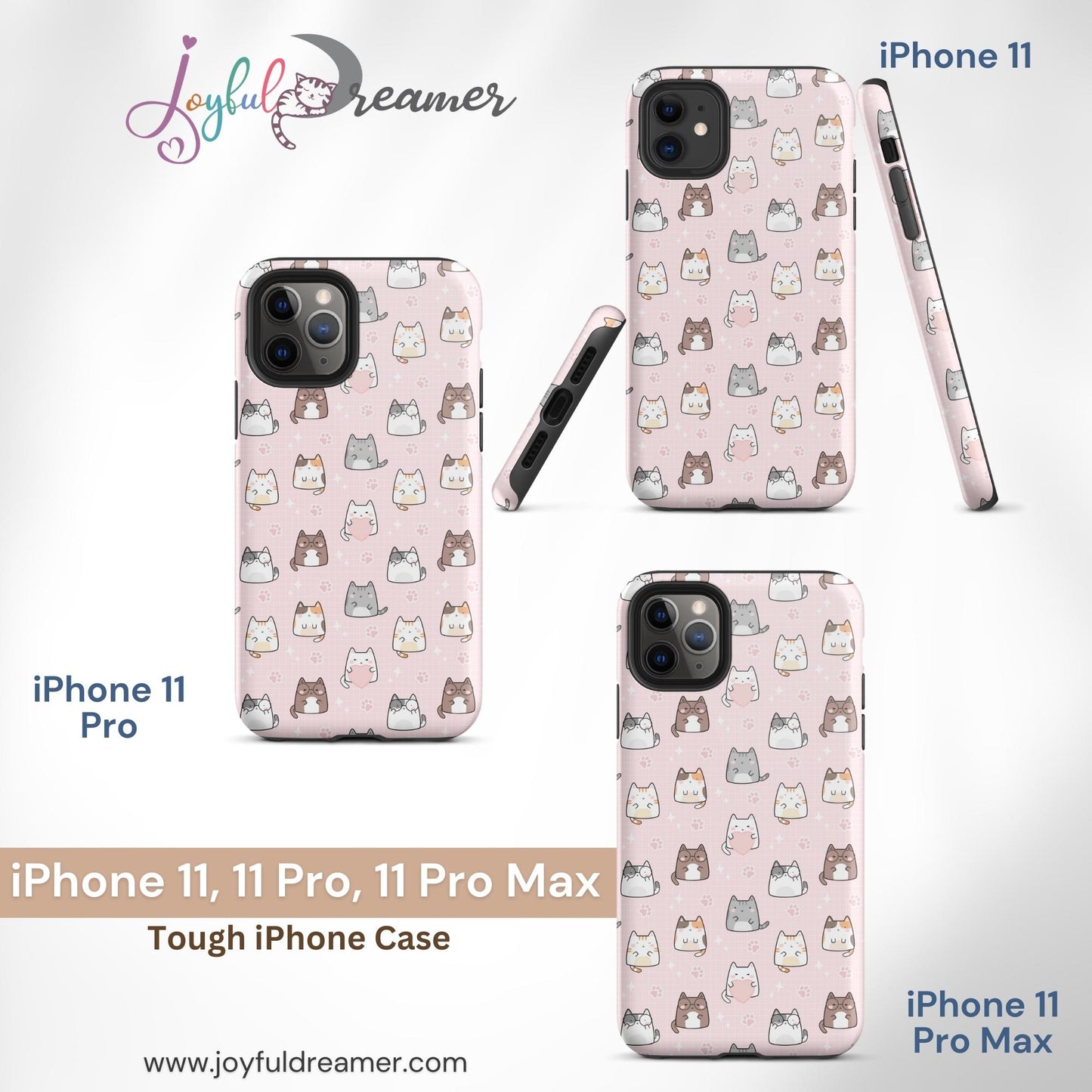 Tough case for iPhone 11, 12, 13, 14, 15, 16 Variations | Cute Cat with Heart Pink Background