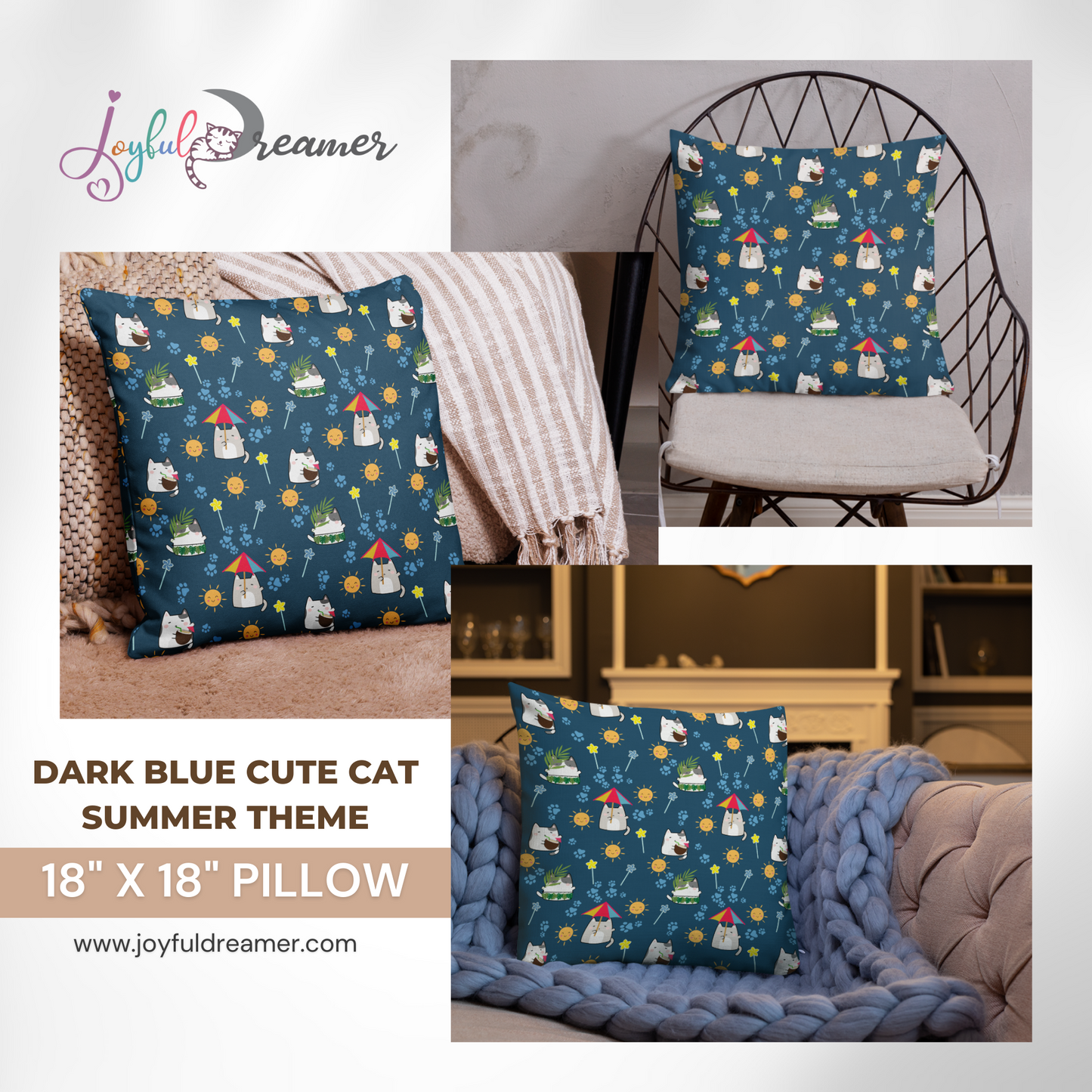 Premium Pillow | 18″×18″, 20″×12″, 22″×22″ | Dark Blue Cute Cat Summer Themed