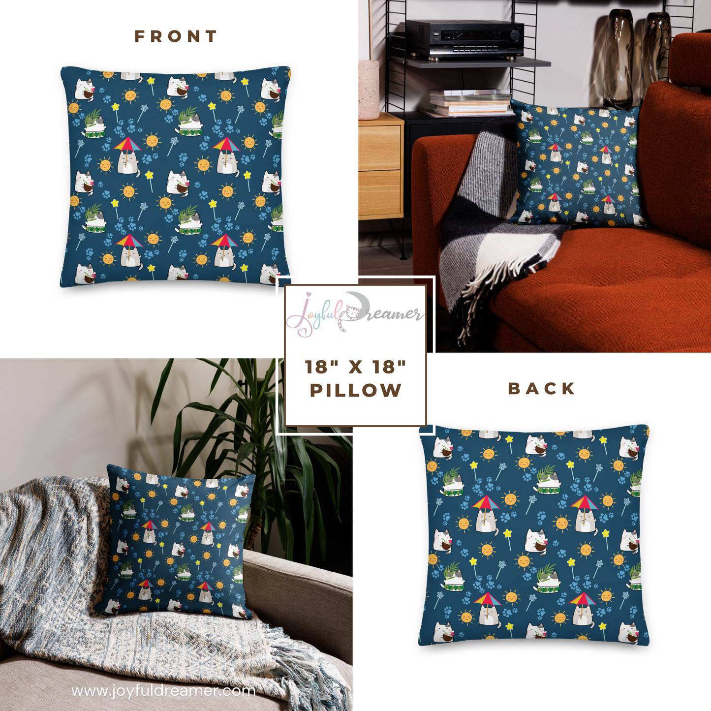 Premium Pillow | 18″×18″, 20″×12″, 22″×22″ | Dark Blue Cute Cat Summer Themed