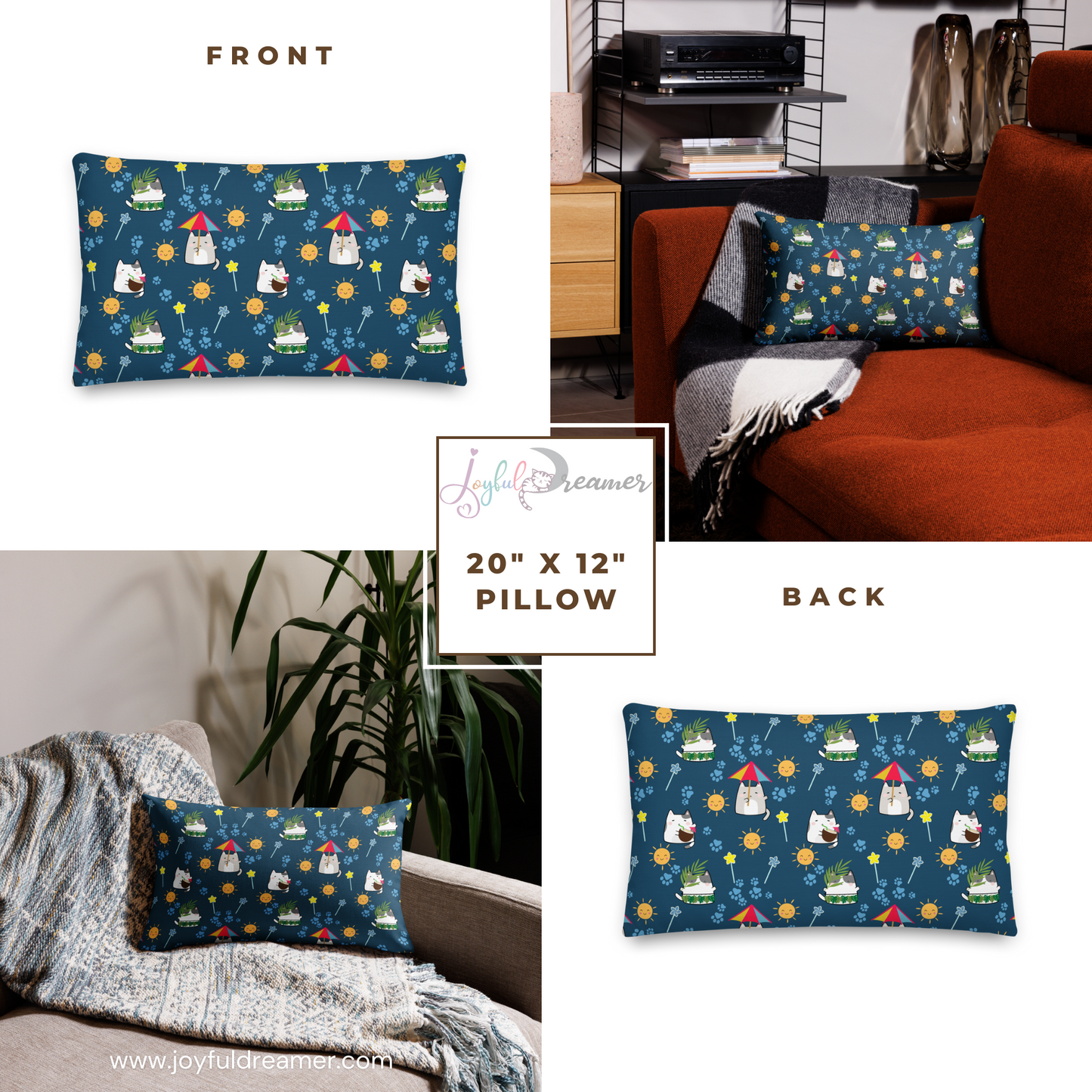 Premium Pillow | 18″×18″, 20″×12″, 22″×22″ | Dark Blue Cute Cat Summer Themed