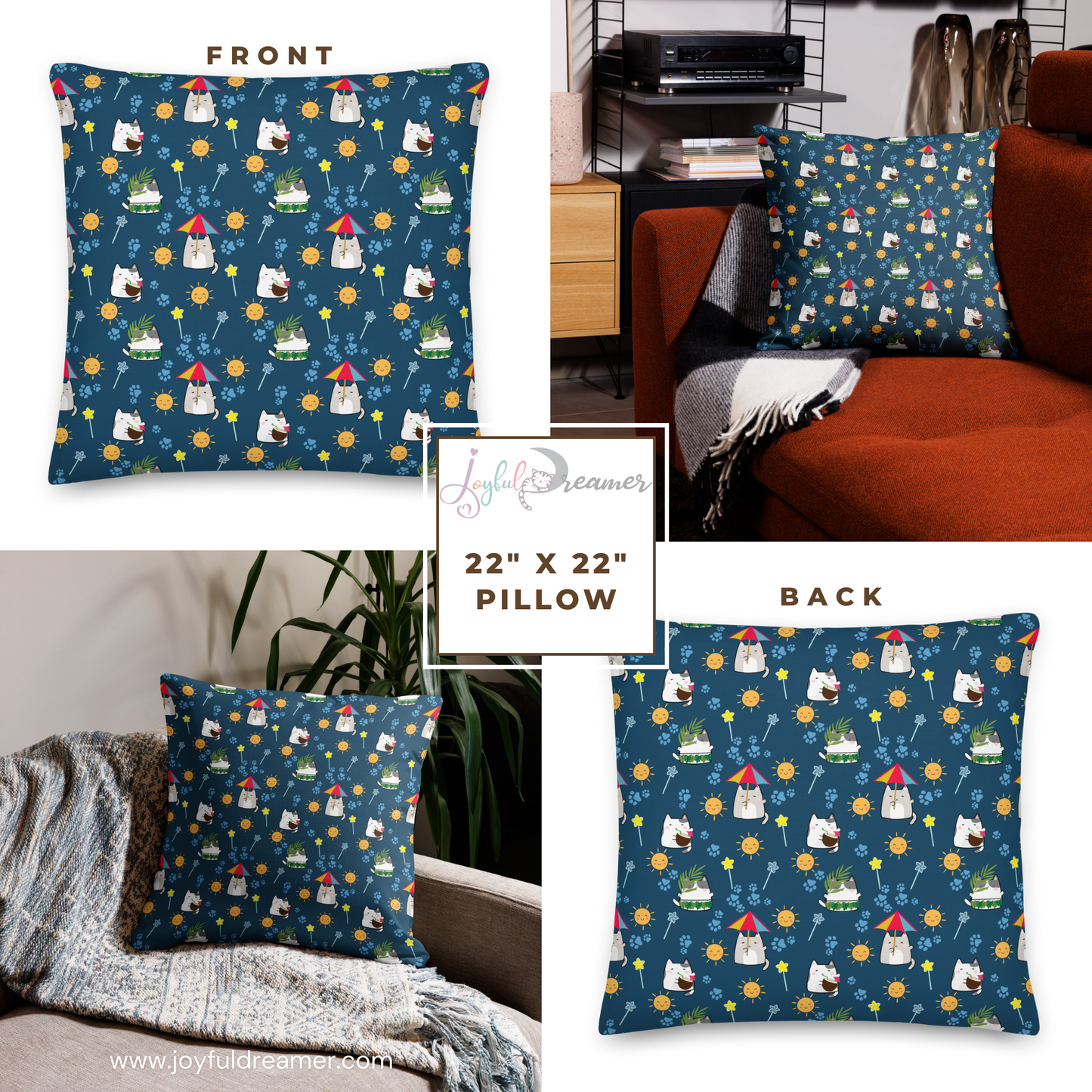 Premium Pillow | 18″×18″, 20″×12″, 22″×22″ | Dark Blue Cute Cat Summer Themed