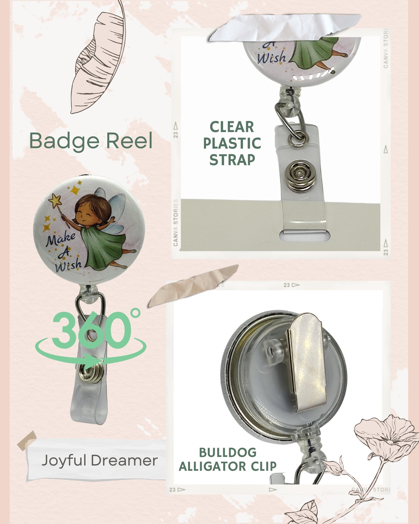 Retractable Badge Reel ID Name Holder with Bulldog Alligator Clip | Angel Fairy