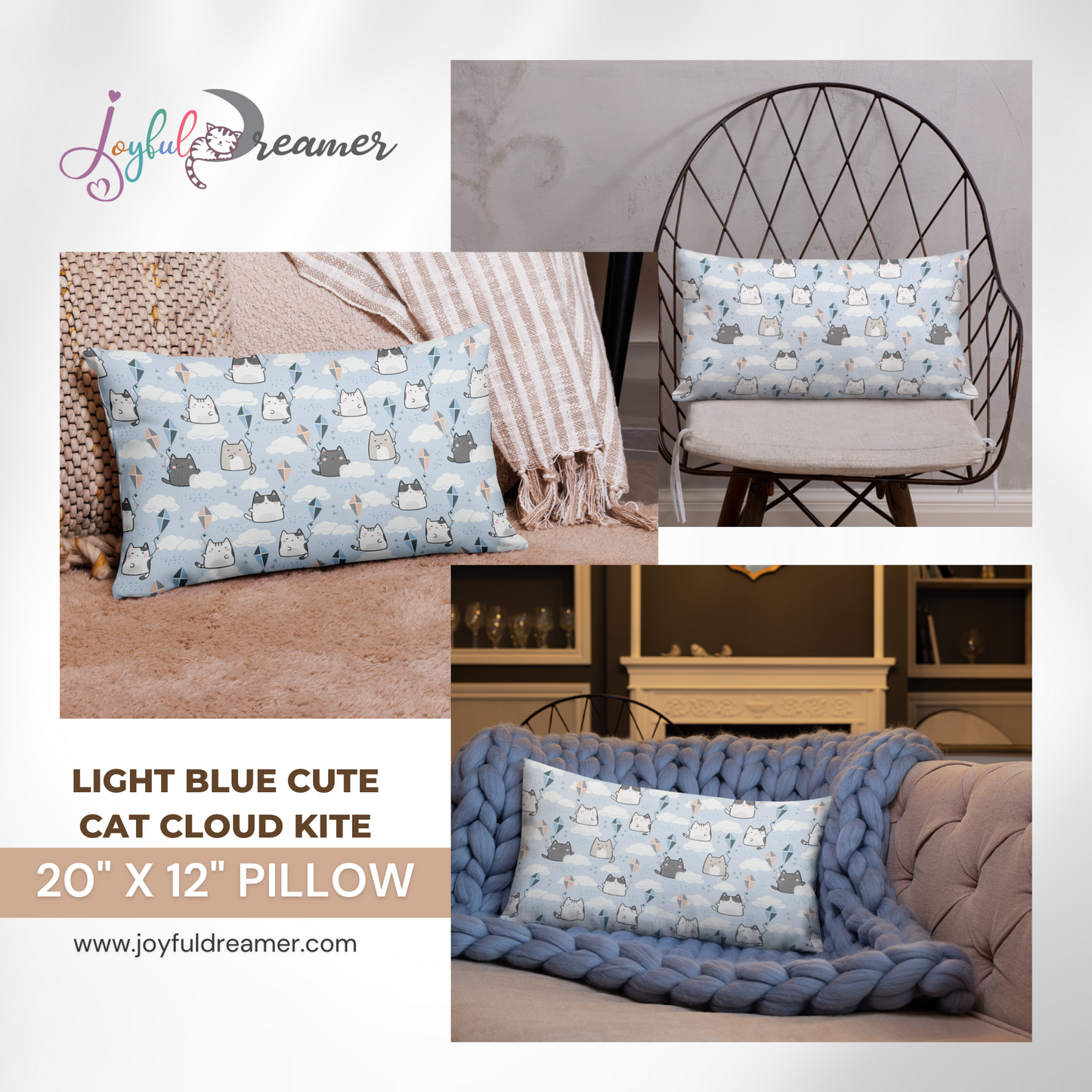 Premium Pillow | 18″×18″, 20″×12″, 22″×22″ | Cute Cat Cloud Kite Light Blue Themed