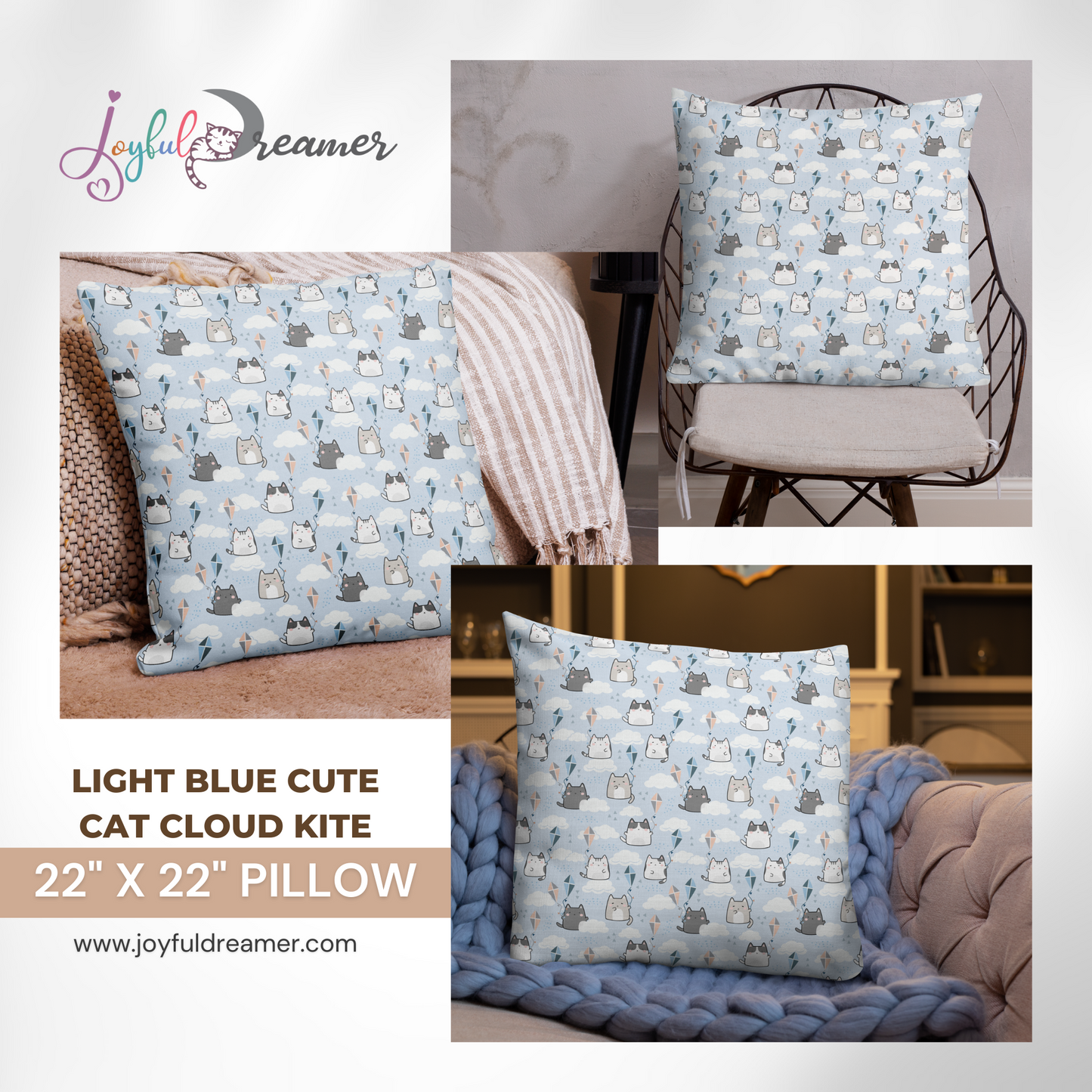 Premium Pillow | 18″×18″, 20″×12″, 22″×22″ | Cute Cat Cloud Kite Light Blue Themed