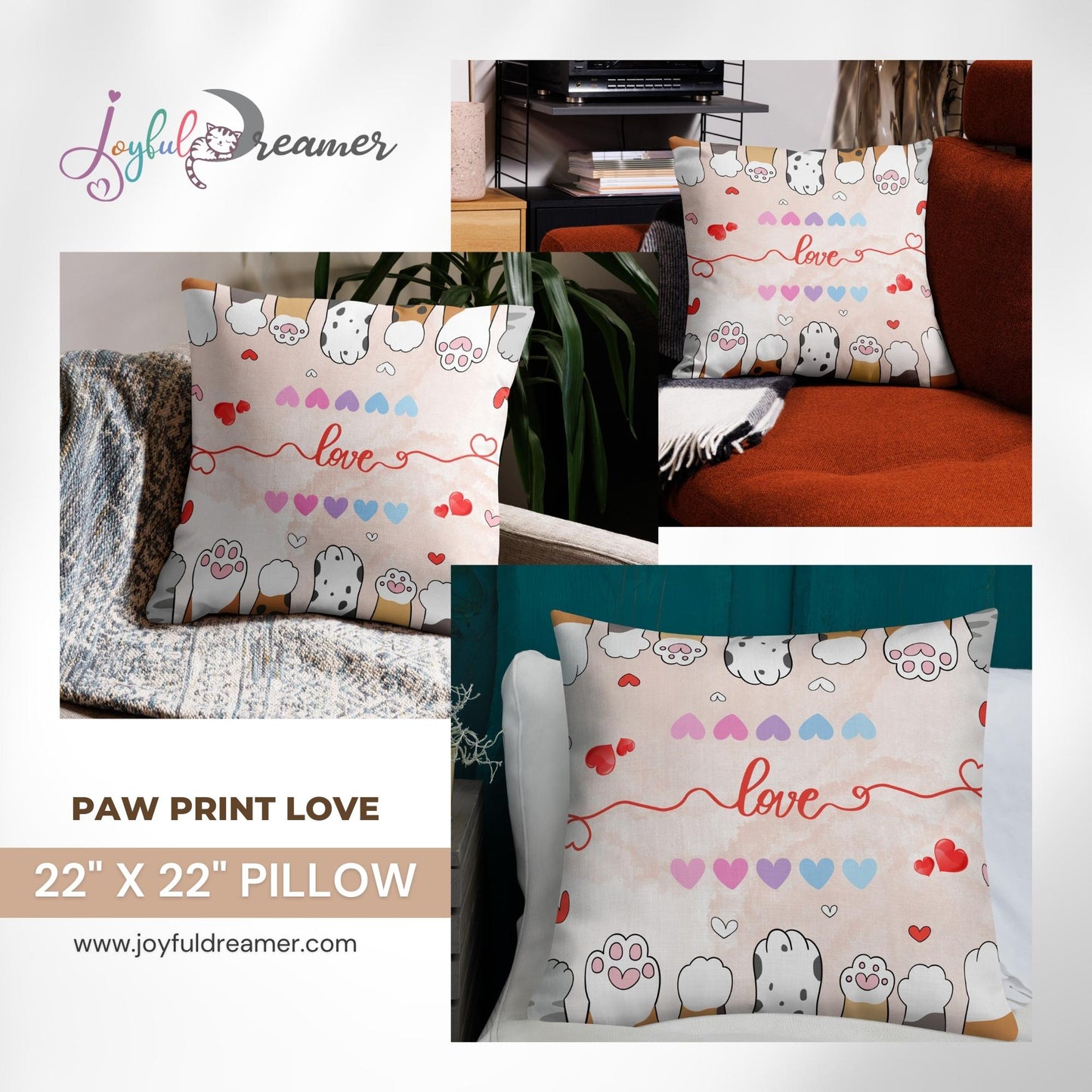 Premium Pillow | 18″×18″, 20″×12″, 22″×22″ | Paw Print Love