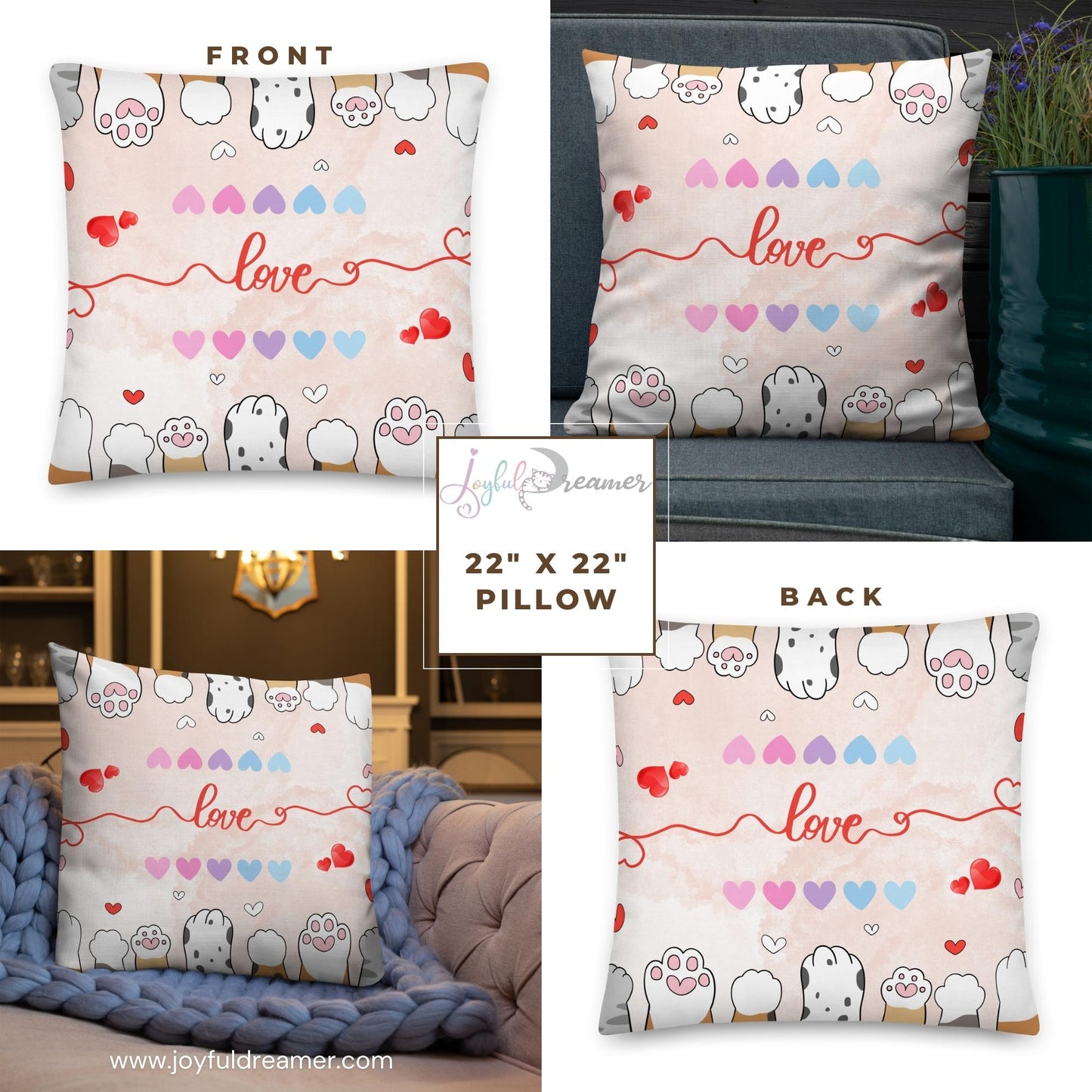 Premium Pillow | 18″×18″, 20″×12″, 22″×22″ | Paw Print Love