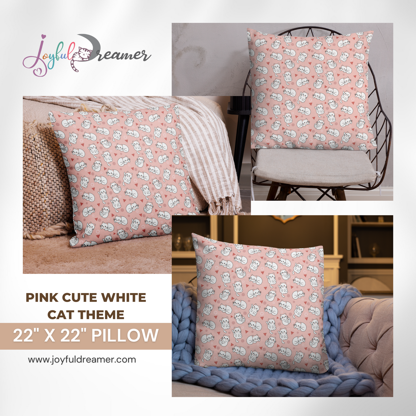 Premium Pillow | 18″×18″, 20″×12″, 22″×22″ | Pink Cute White Cat Themed