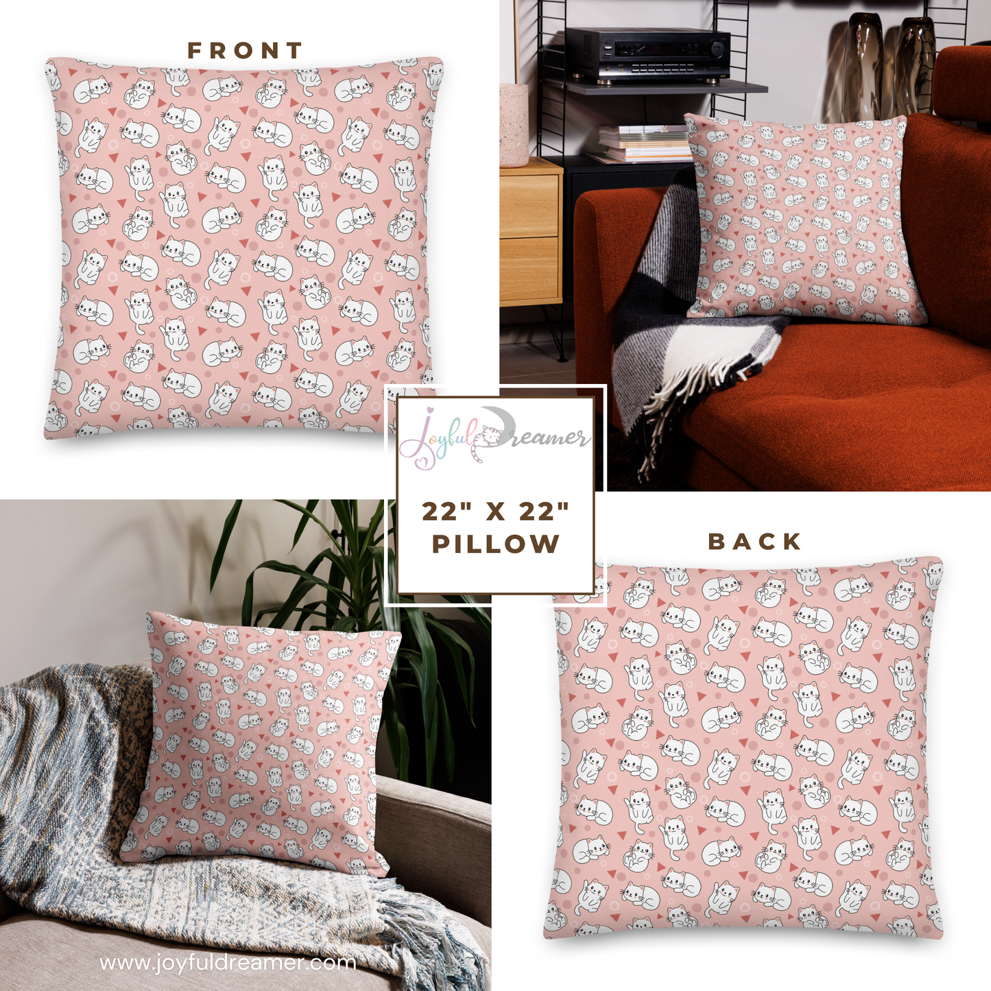 Premium Pillow | 18″×18″, 20″×12″, 22″×22″ | Pink Cute White Cat Themed