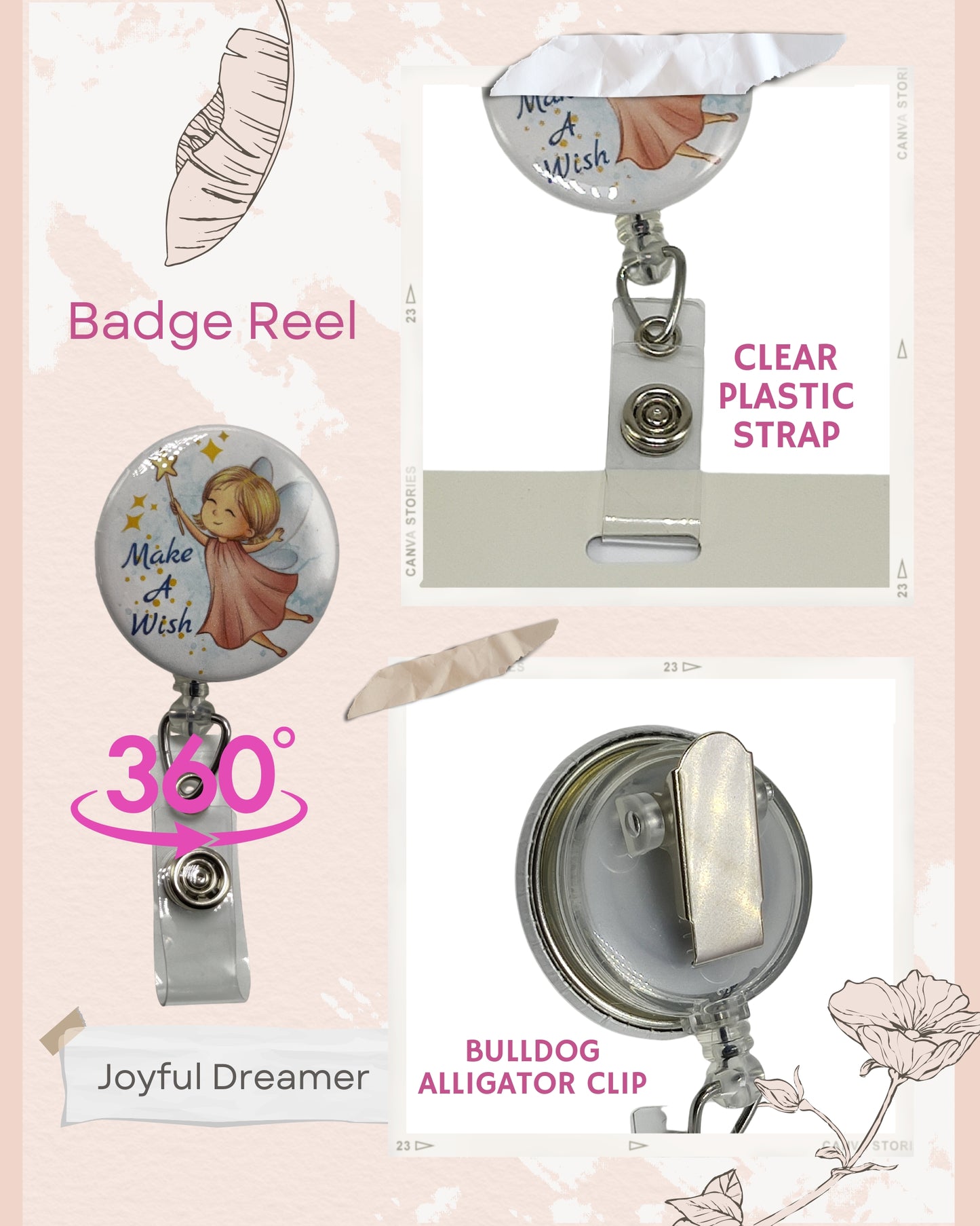 Retractable Badge Reel ID Name Holder with Bulldog Alligator Clip | Angel Fairy