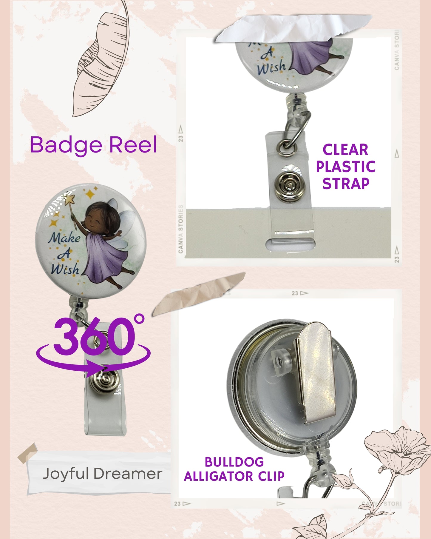 Retractable Badge Reel ID Name Holder with Bulldog Alligator Clip | Angel Fairy