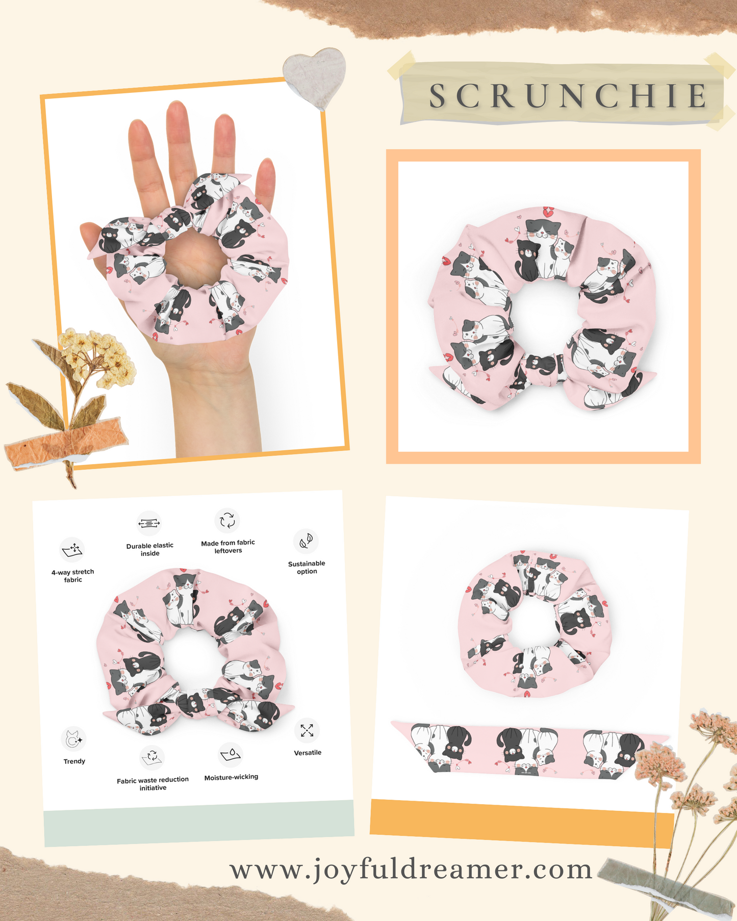 Scrunchie | Cute Cats with Hearts Pink Background