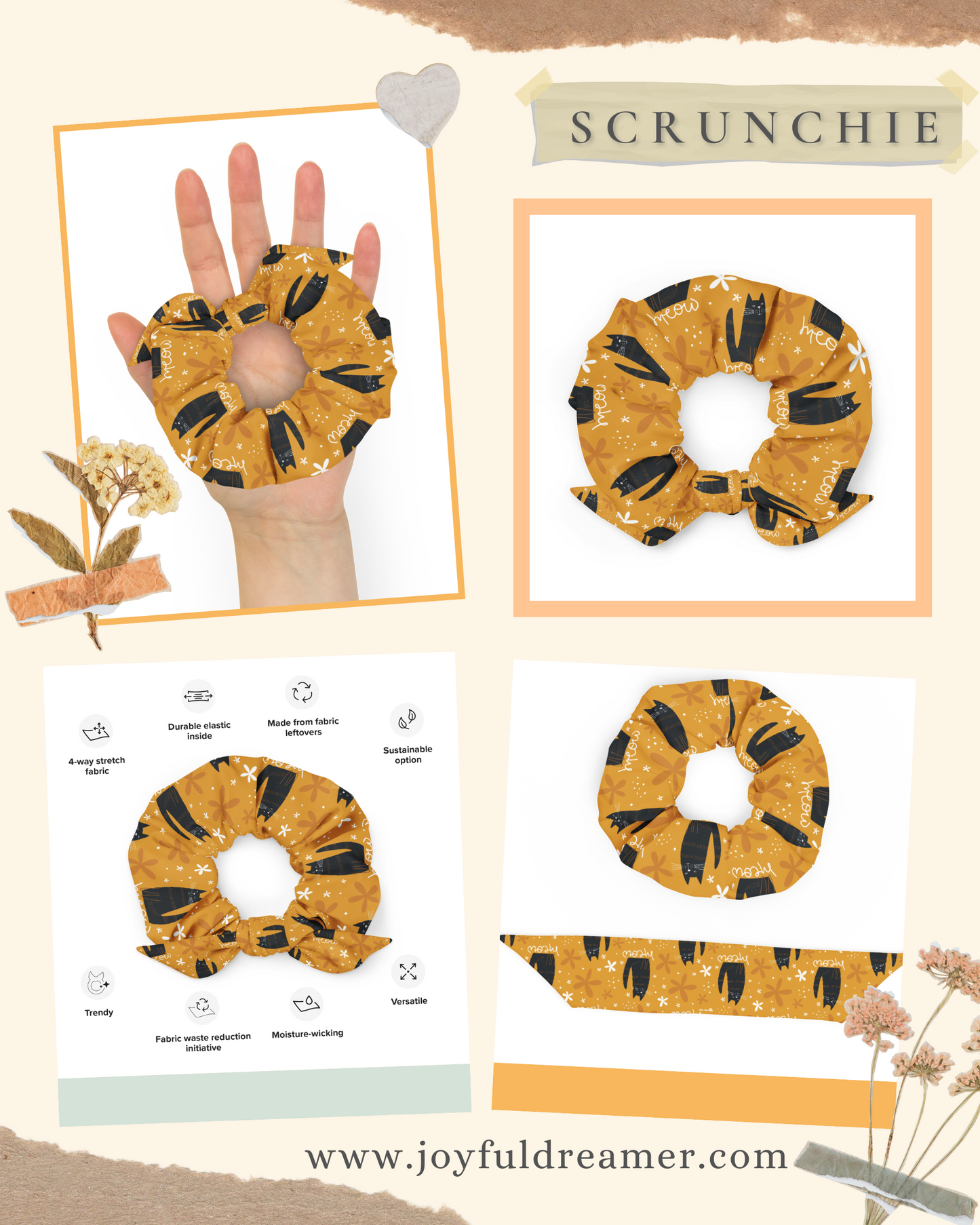 Scrunchie | Cute Black Cat Meow Yellow Background