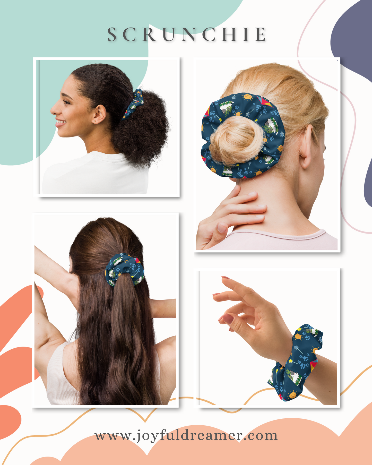 Scrunchie | Cute Cat Paw Sun Flower Blue Background