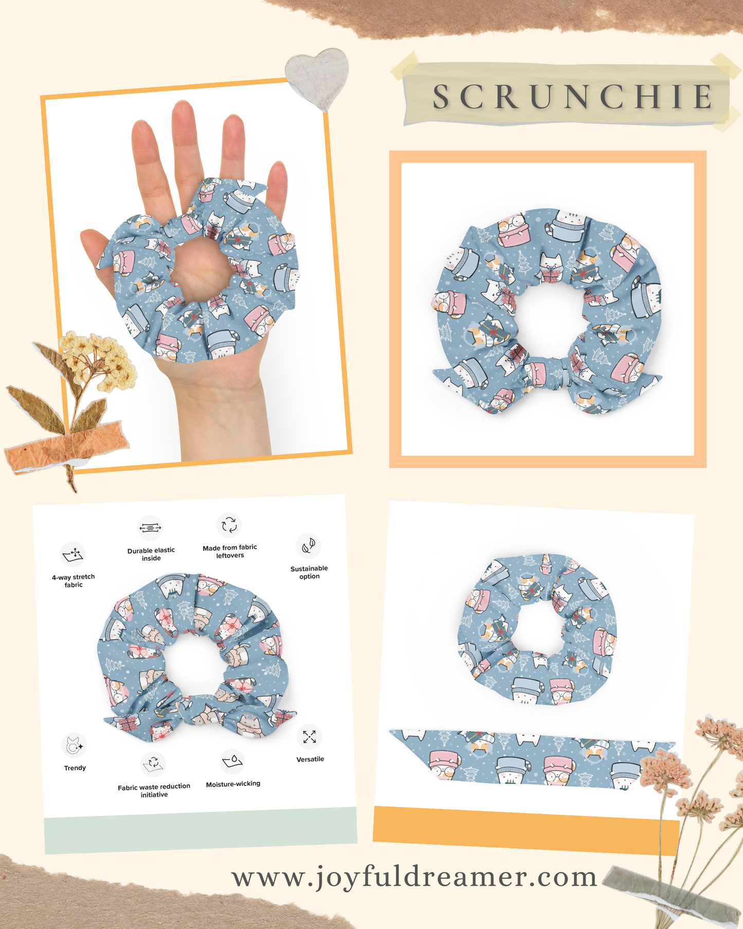 Scrunchie | Cute Cat Winter LightBlue Background