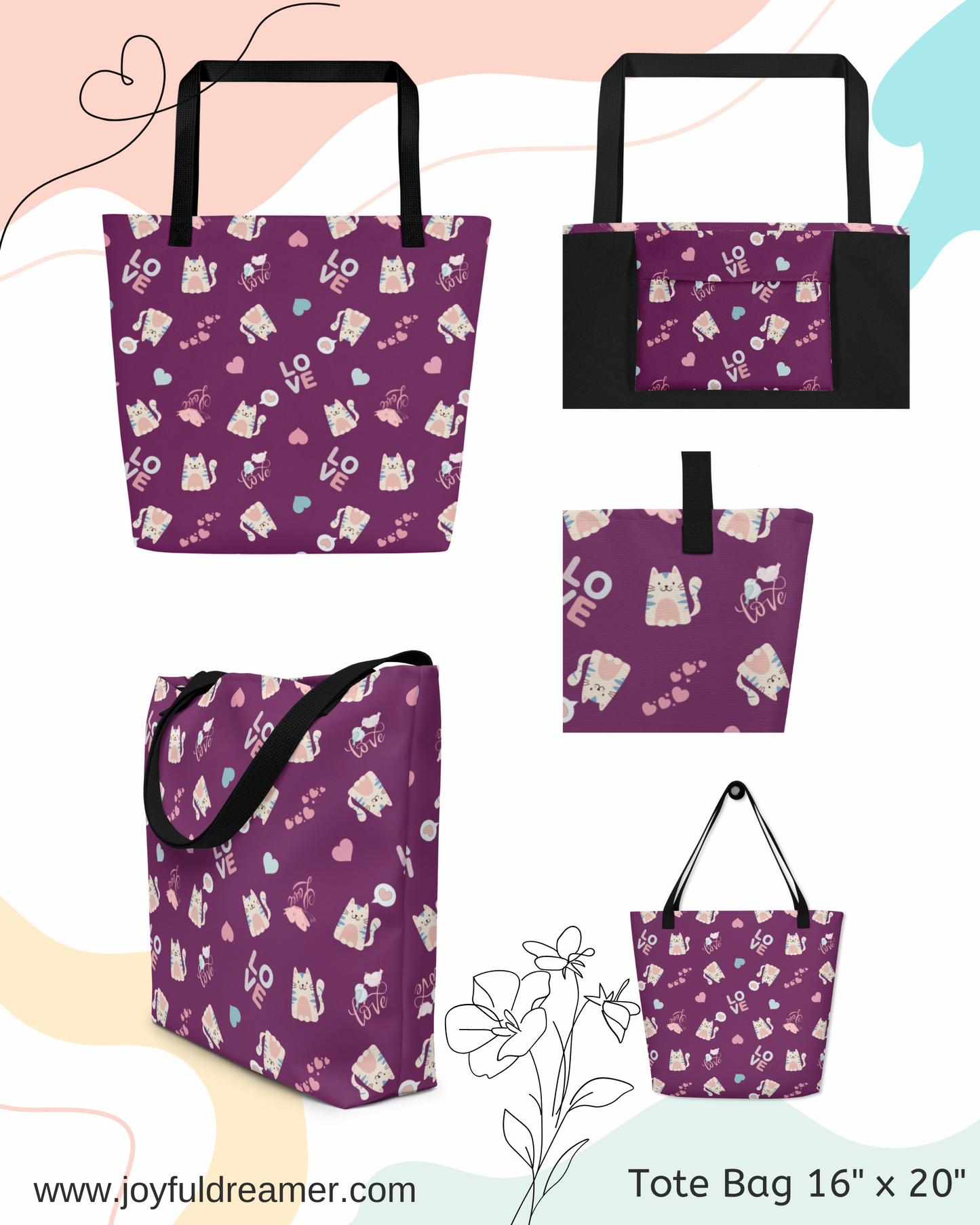 Large Tote Bag 16" x 20" | Adorable Cat Love Themed