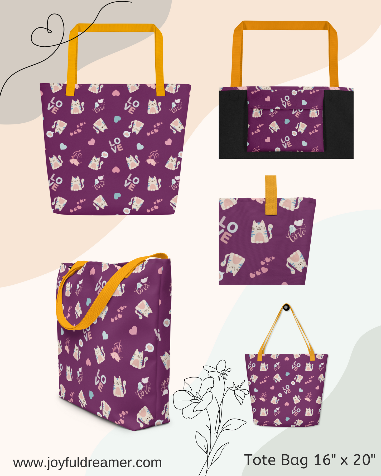 Large Tote Bag 16" x 20" | Adorable Cat Love Themed