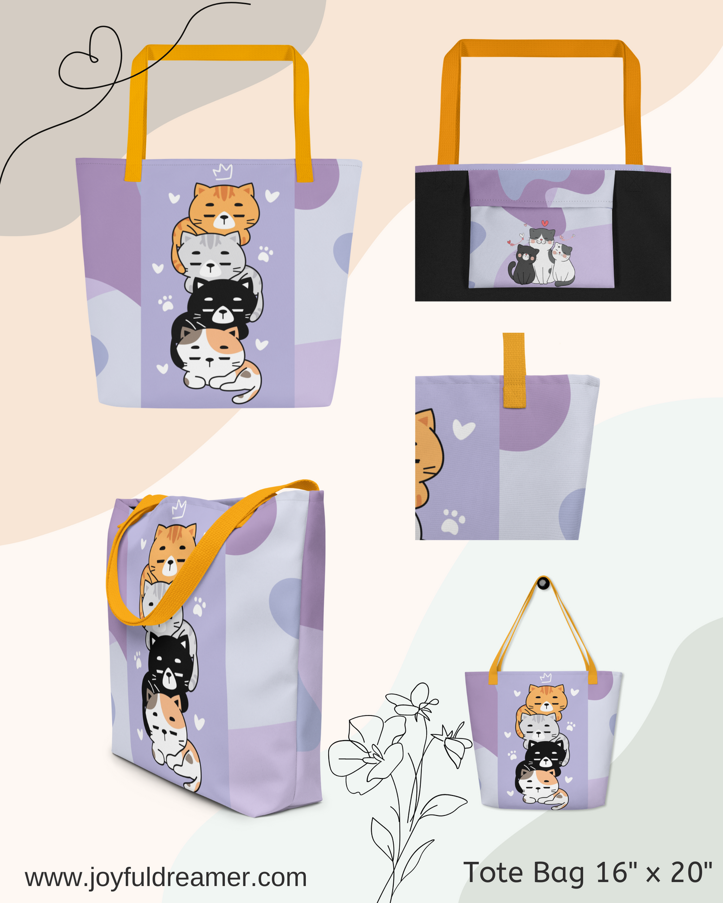 Large Tote Bag 16" x 20" | Adorable Cats Purple Themed