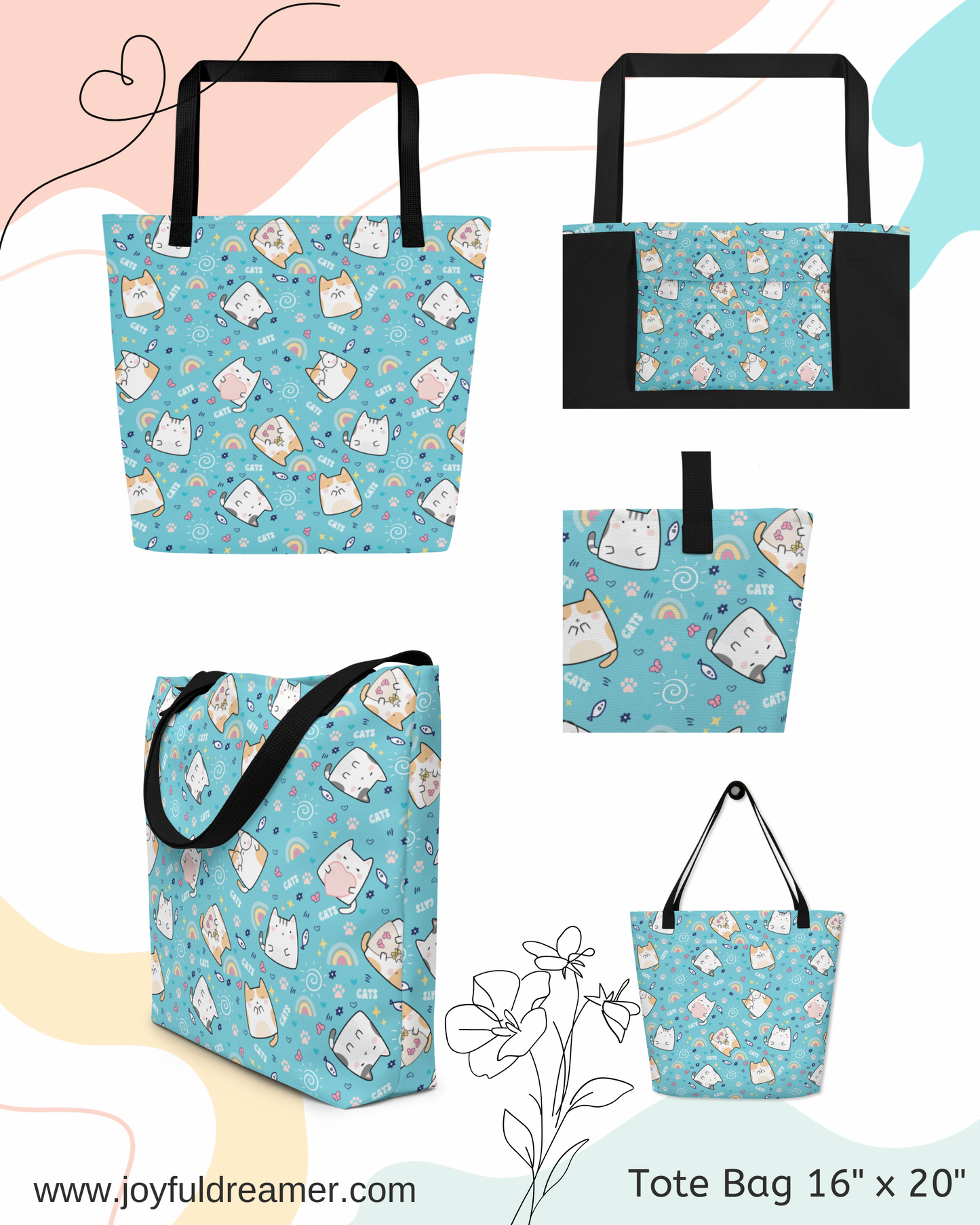 Large Tote Bag 16" x 20" | Cute Cat Blue Background