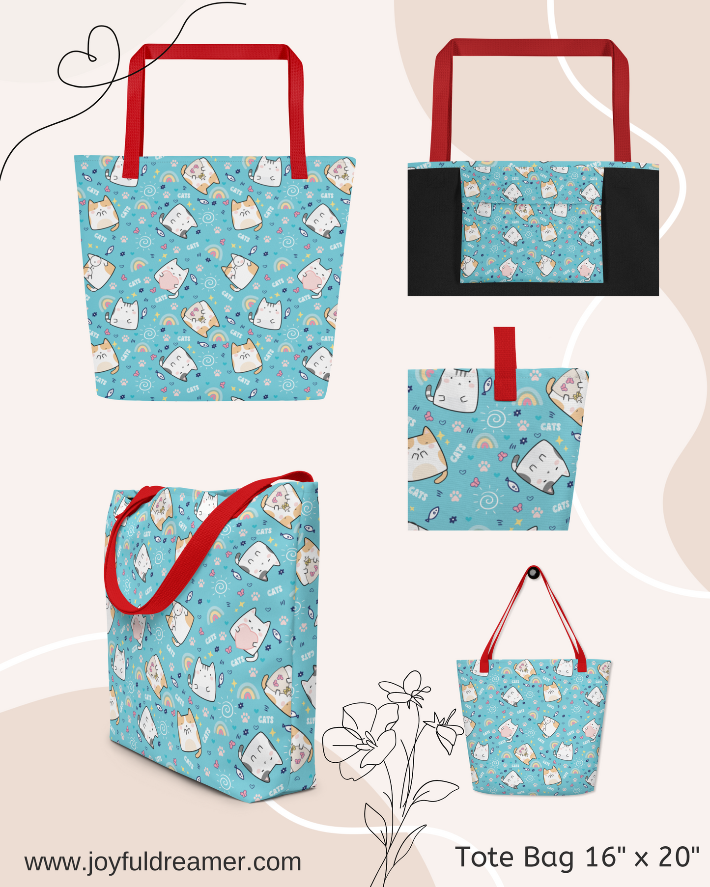 Large Tote Bag 16" x 20" | Cute Cat Blue Background