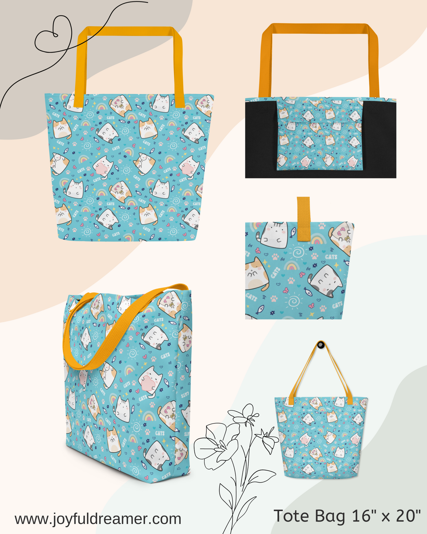 Large Tote Bag 16" x 20" | Cute Cat Blue Background