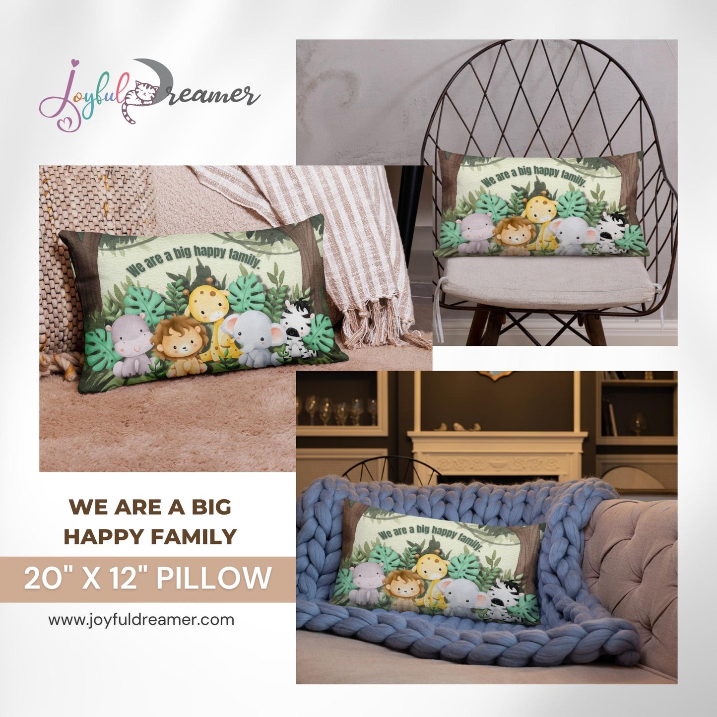 Premium Pillow | 18″×18″, 20″×12″, 22″×22″ | We are a Big Happy Family | Animal Themed