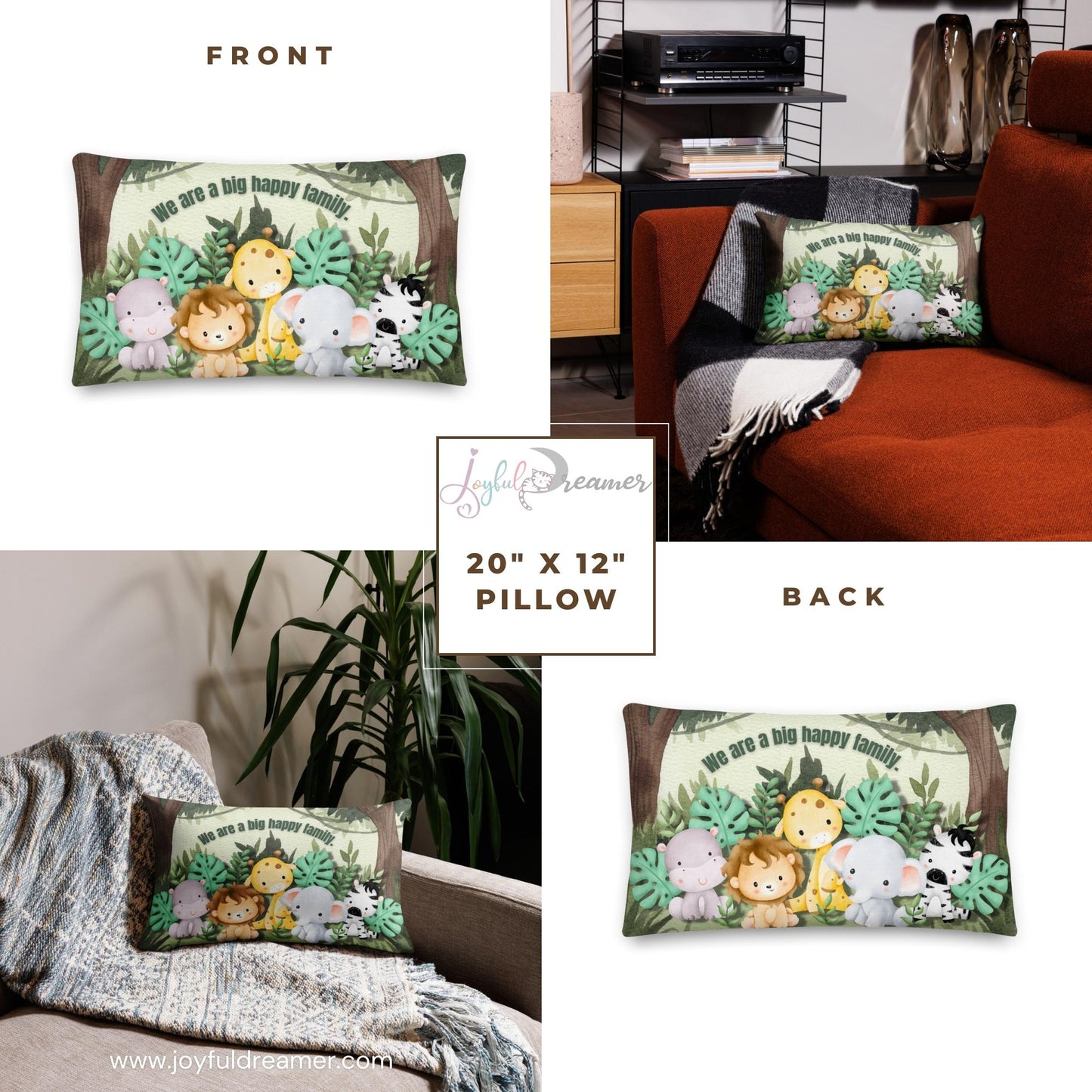 Premium Pillow | 18″×18″, 20″×12″, 22″×22″ | We are a Big Happy Family | Animal Themed