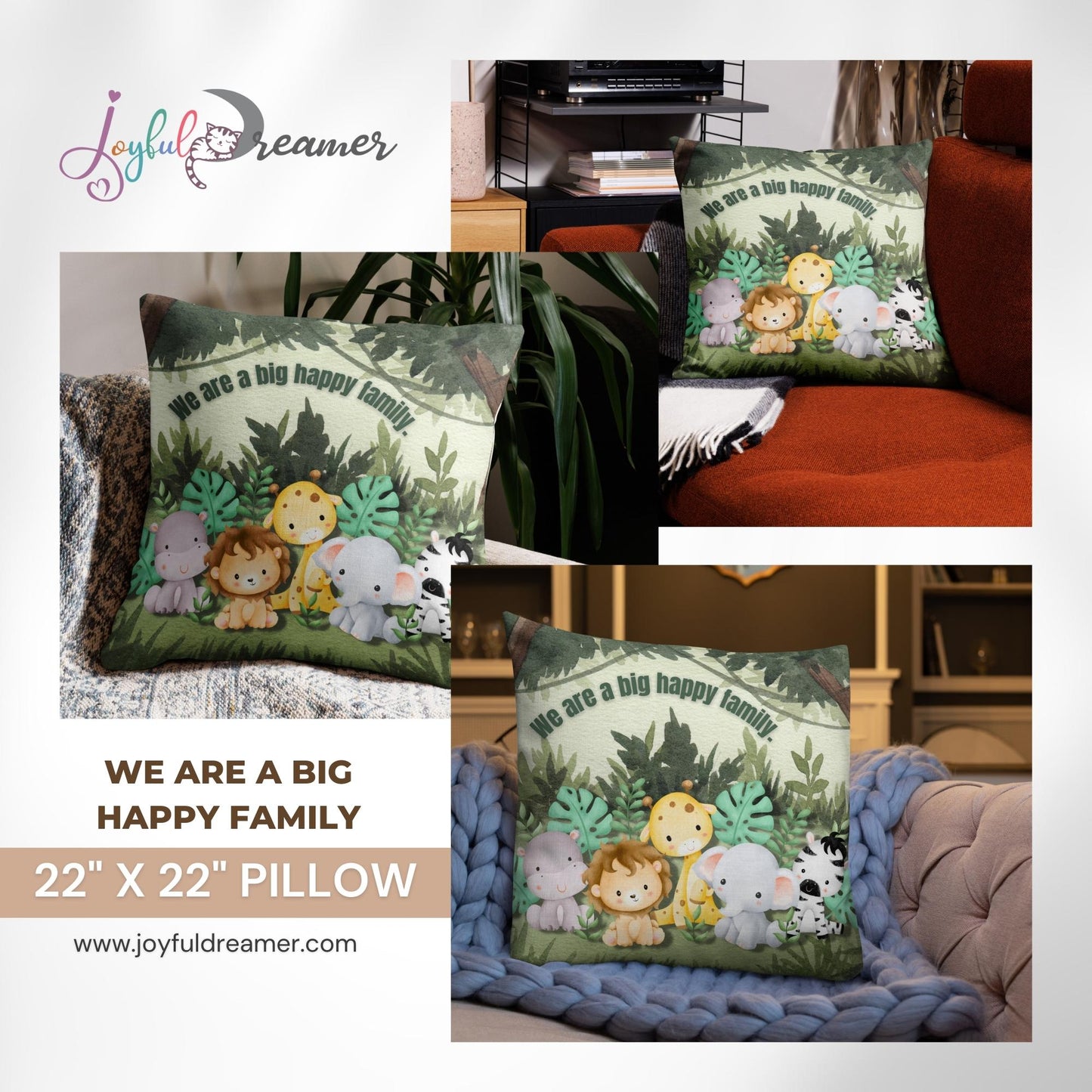 Premium Pillow | 18″×18″, 20″×12″, 22″×22″ | We are a Big Happy Family | Animal Themed