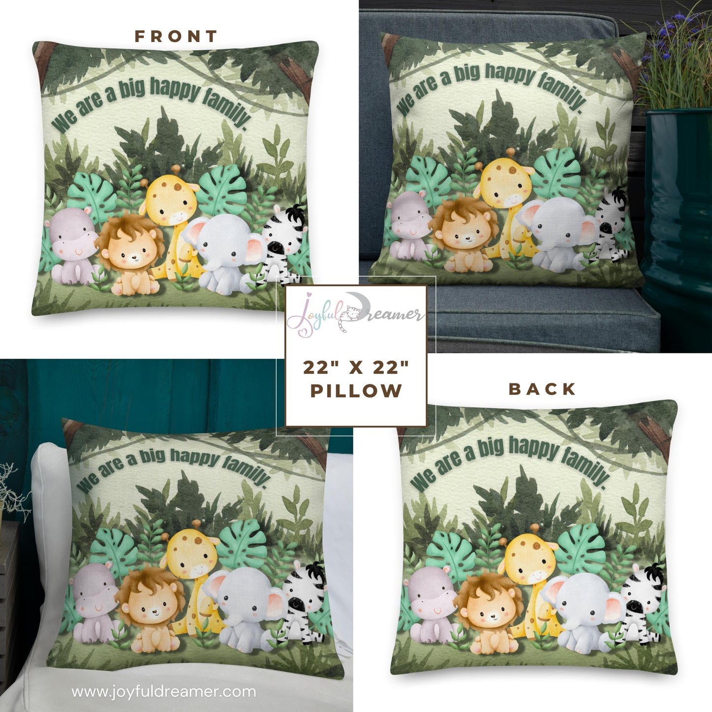 Premium Pillow | 18″×18″, 20″×12″, 22″×22″ | We are a Big Happy Family | Animal Themed