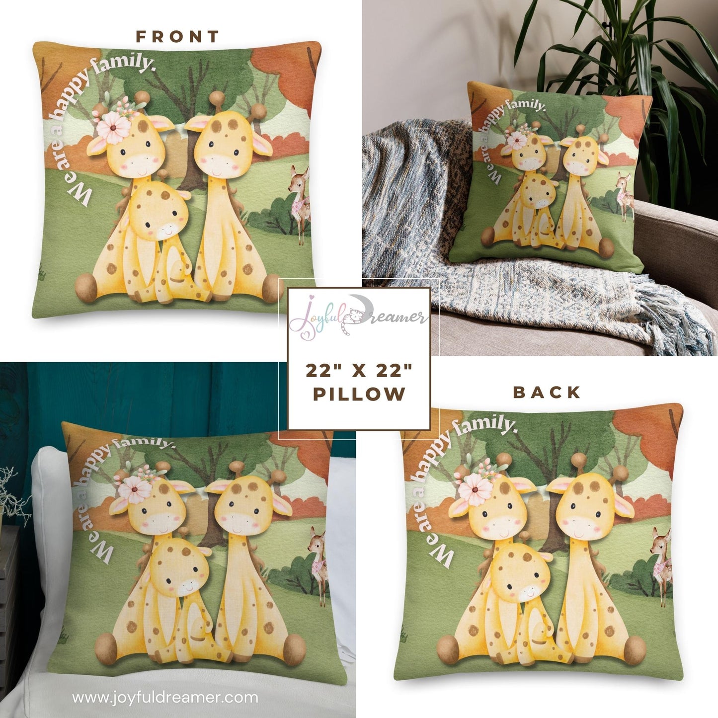 Premium Pillow | 18″×18″, 20″×12″, 22″×22″ | We are a happy family Giraffe | Animal Themed