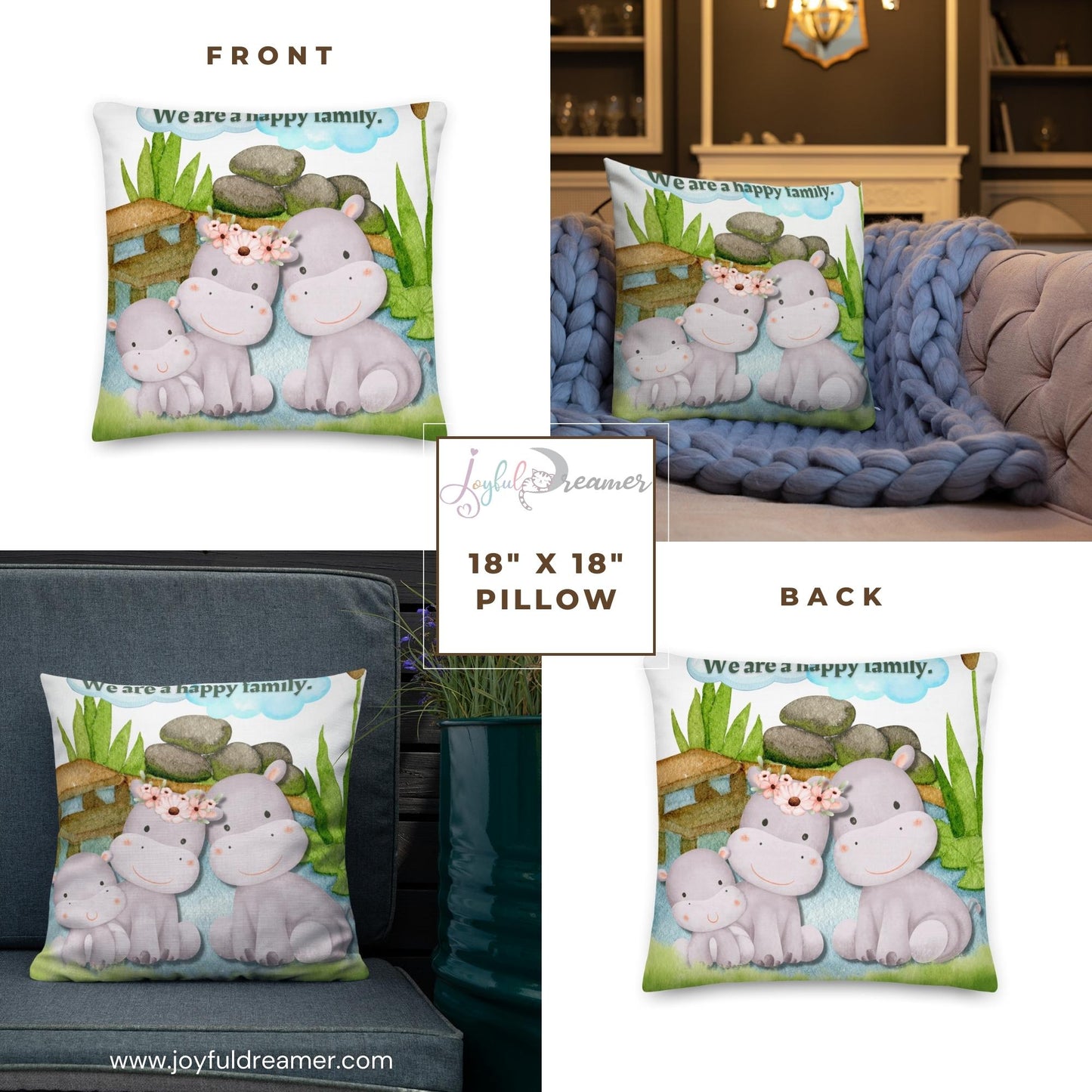 Premium Pillow | 18″×18″, 20″×12″, 22″×22″ | We are a happy family Hippo | Animal Themed