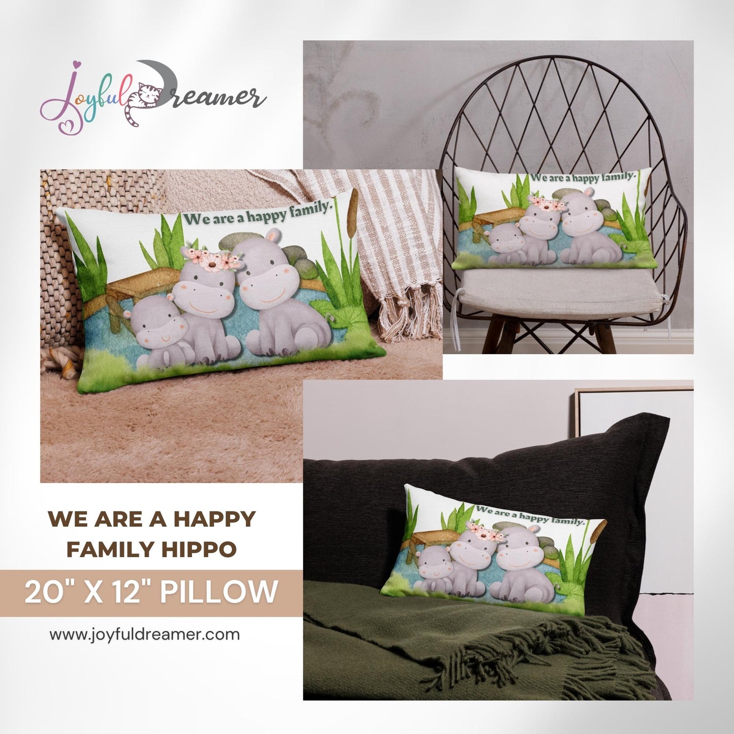 Premium Pillow | 18″×18″, 20″×12″, 22″×22″ | We are a happy family Hippo | Animal Themed