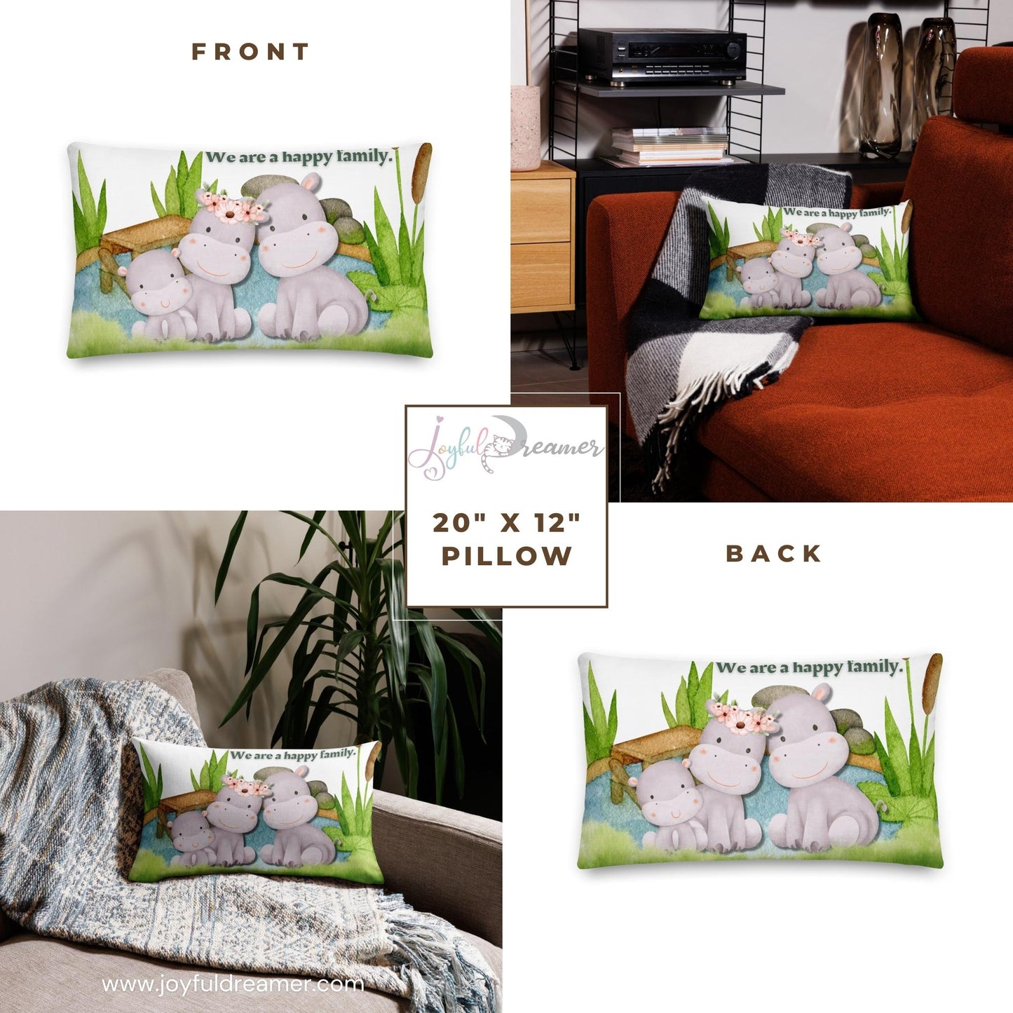 Premium Pillow | 18″×18″, 20″×12″, 22″×22″ | We are a happy family Hippo | Animal Themed