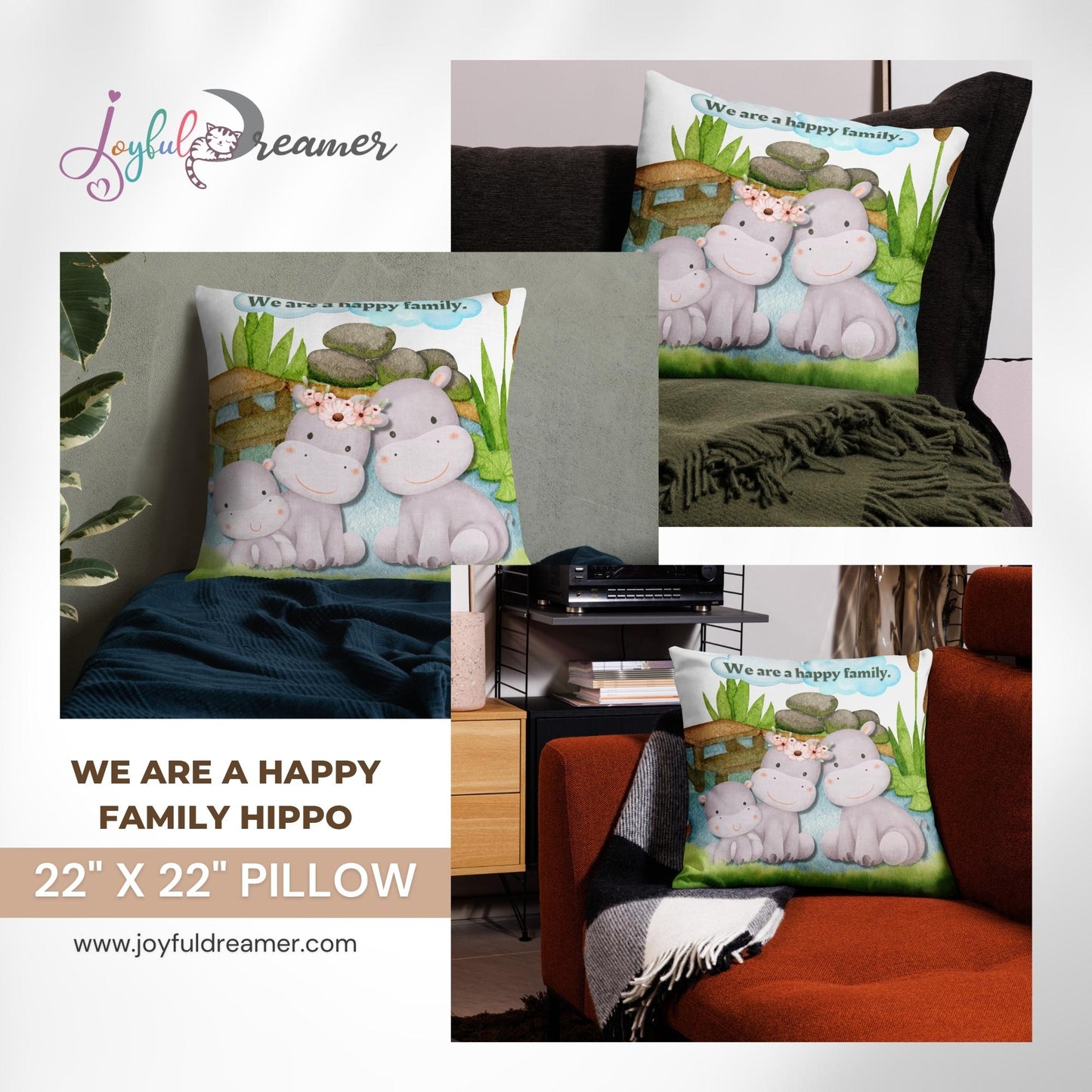 Premium Pillow | 18″×18″, 20″×12″, 22″×22″ | We are a happy family Hippo | Animal Themed