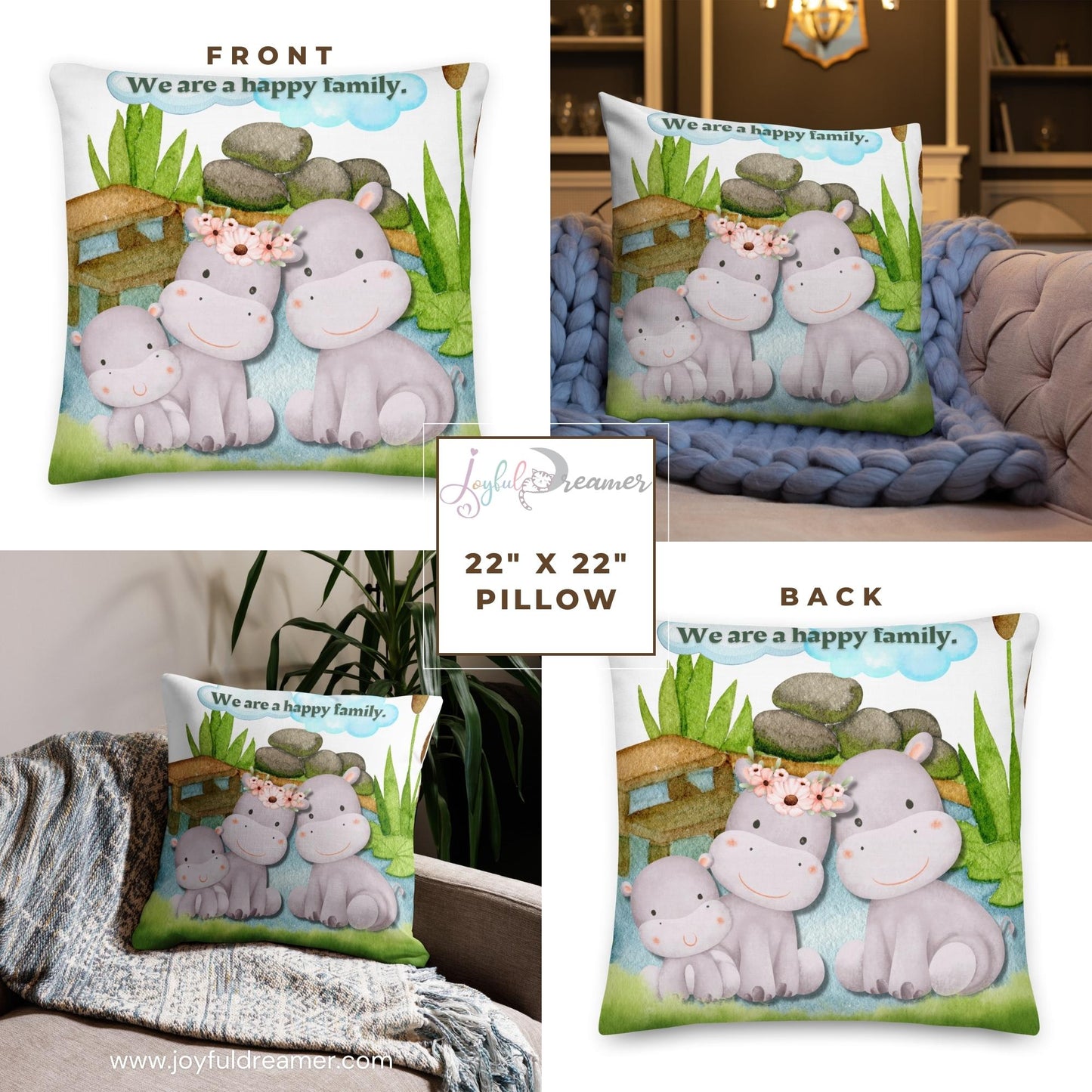 Premium Pillow | 18″×18″, 20″×12″, 22″×22″ | We are a happy family Hippo | Animal Themed