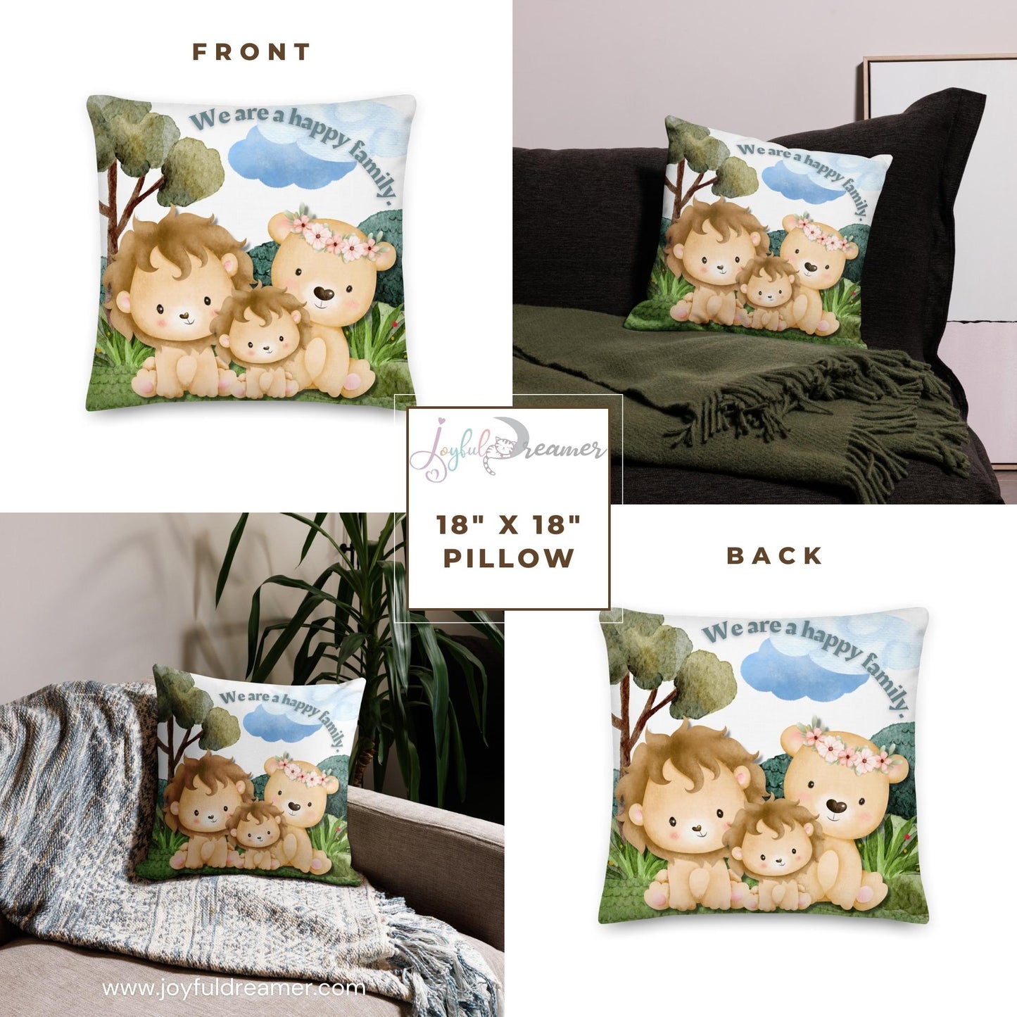 Premium Pillow | 18″×18″, 20″×12″, 22″×22″ | We are a happy family Lion | Animal Themed