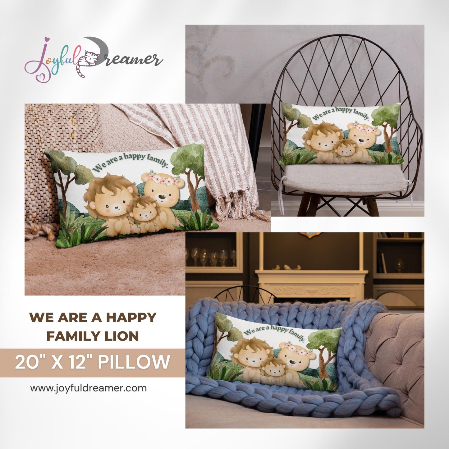 Premium Pillow | 18″×18″, 20″×12″, 22″×22″ | We are a happy family Lion | Animal Themed