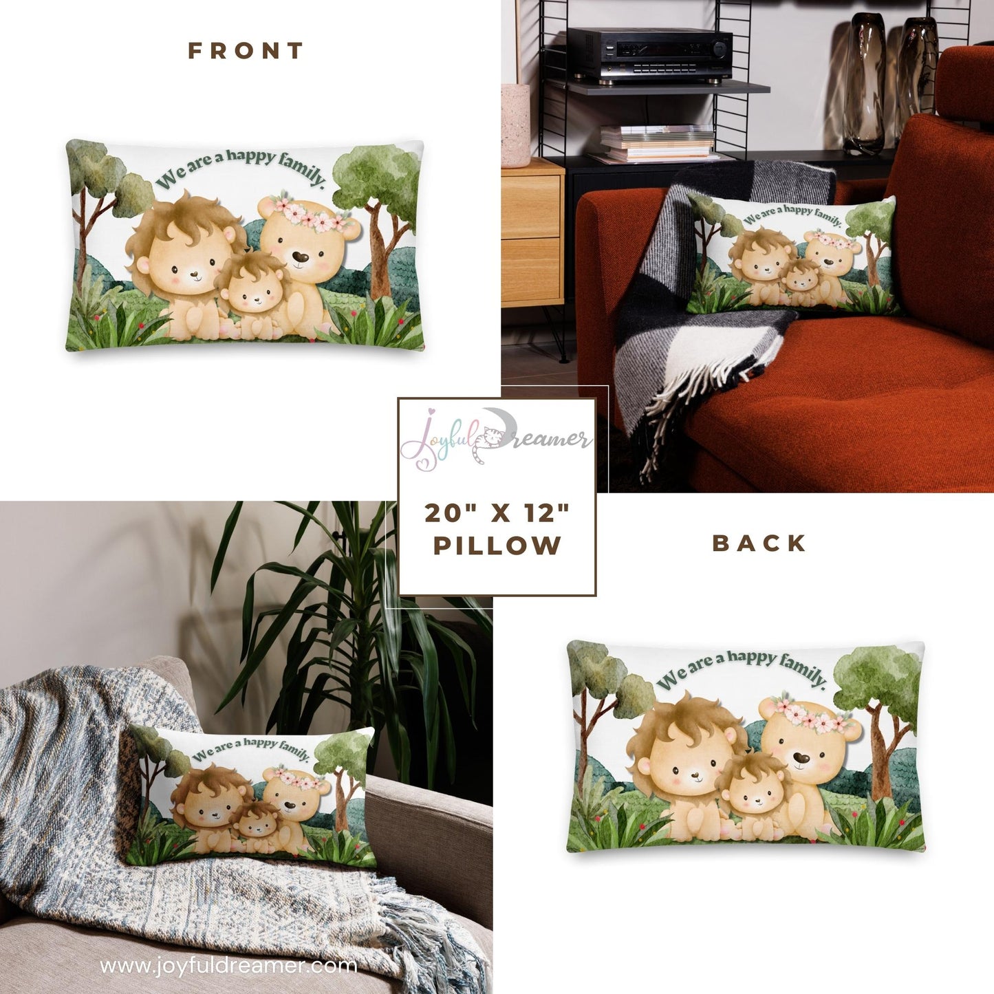 Premium Pillow | 18″×18″, 20″×12″, 22″×22″ | We are a happy family Lion | Animal Themed