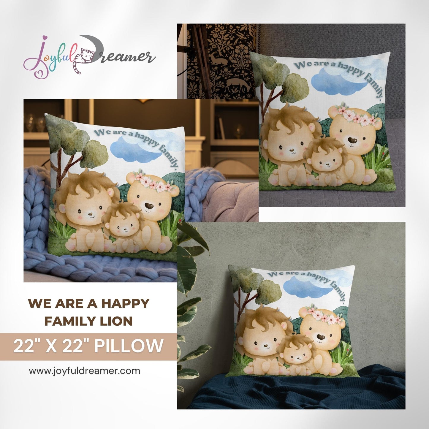 Premium Pillow | 18″×18″, 20″×12″, 22″×22″ | We are a happy family Lion | Animal Themed