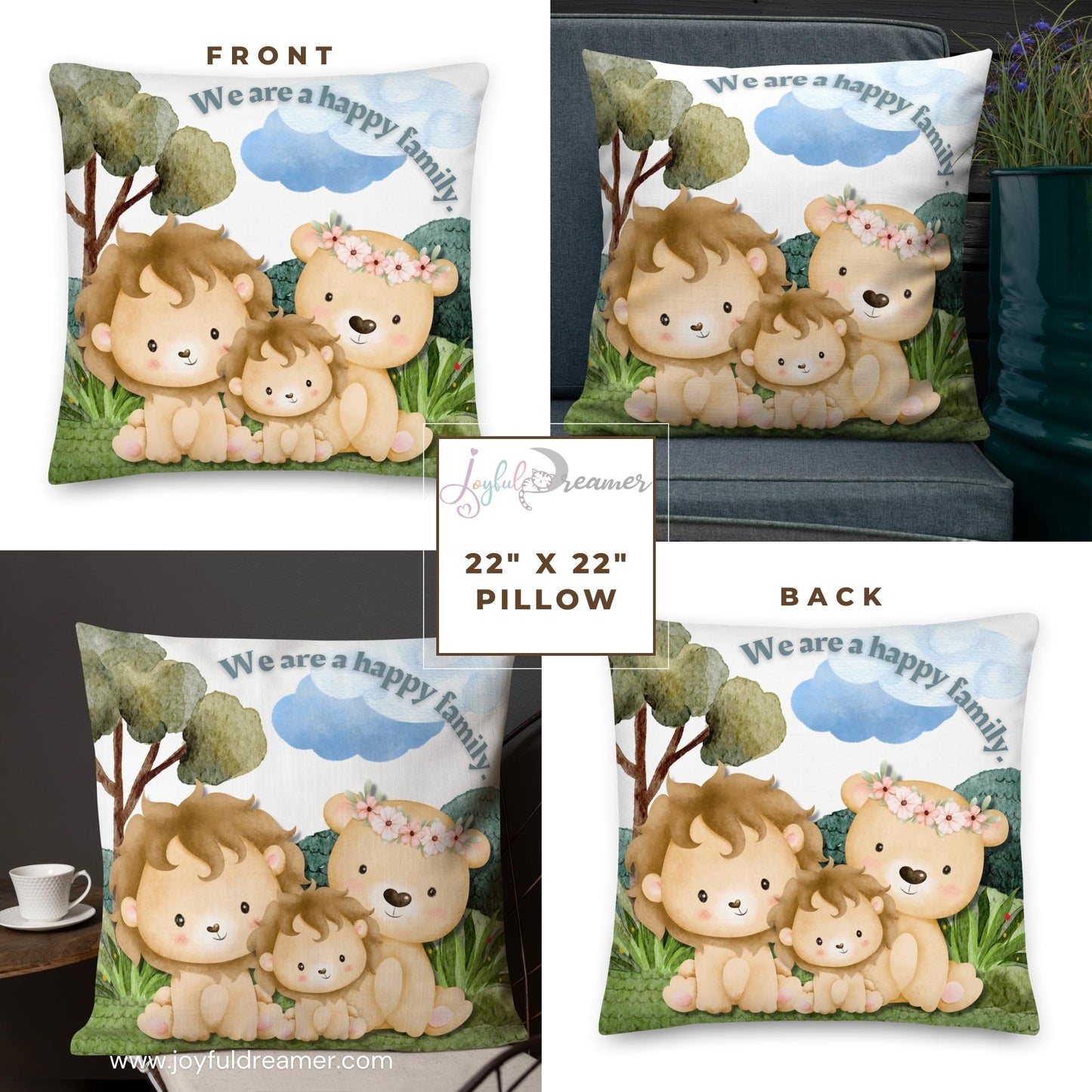 Premium Pillow | 18″×18″, 20″×12″, 22″×22″ | We are a happy family Lion | Animal Themed