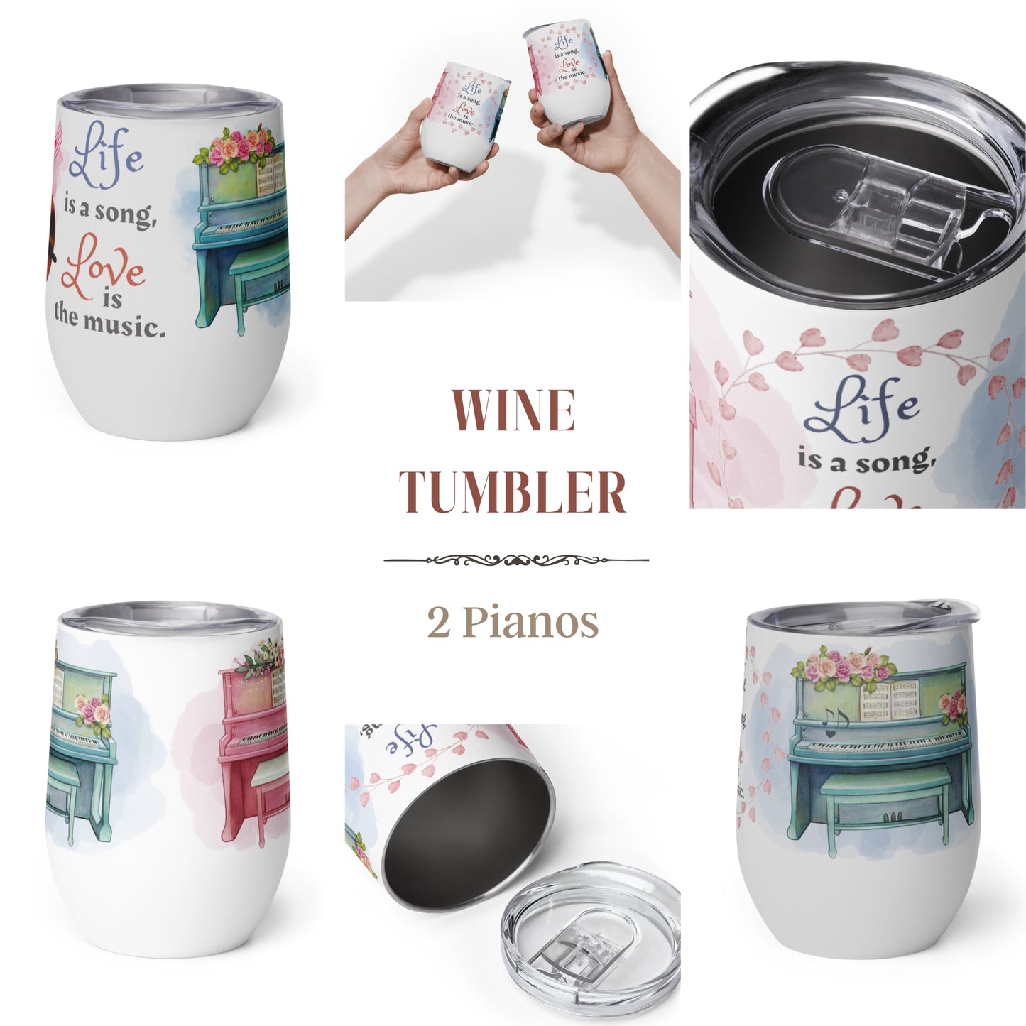 Wine Tumbler 12oz | For Music Lovers, Teachers, Directors | 2 Pianos
